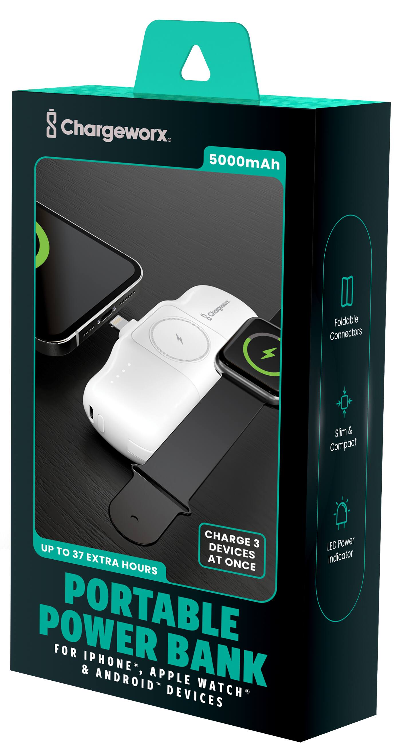Chargeworx 5000mAh Portable Power Bank for iPhone, Android, and Apple Watch Devices. Slim & Compact. Foldable Connectors. Charge 3 devices at once. Extra 37 hours of power. LED Power Indicator.
