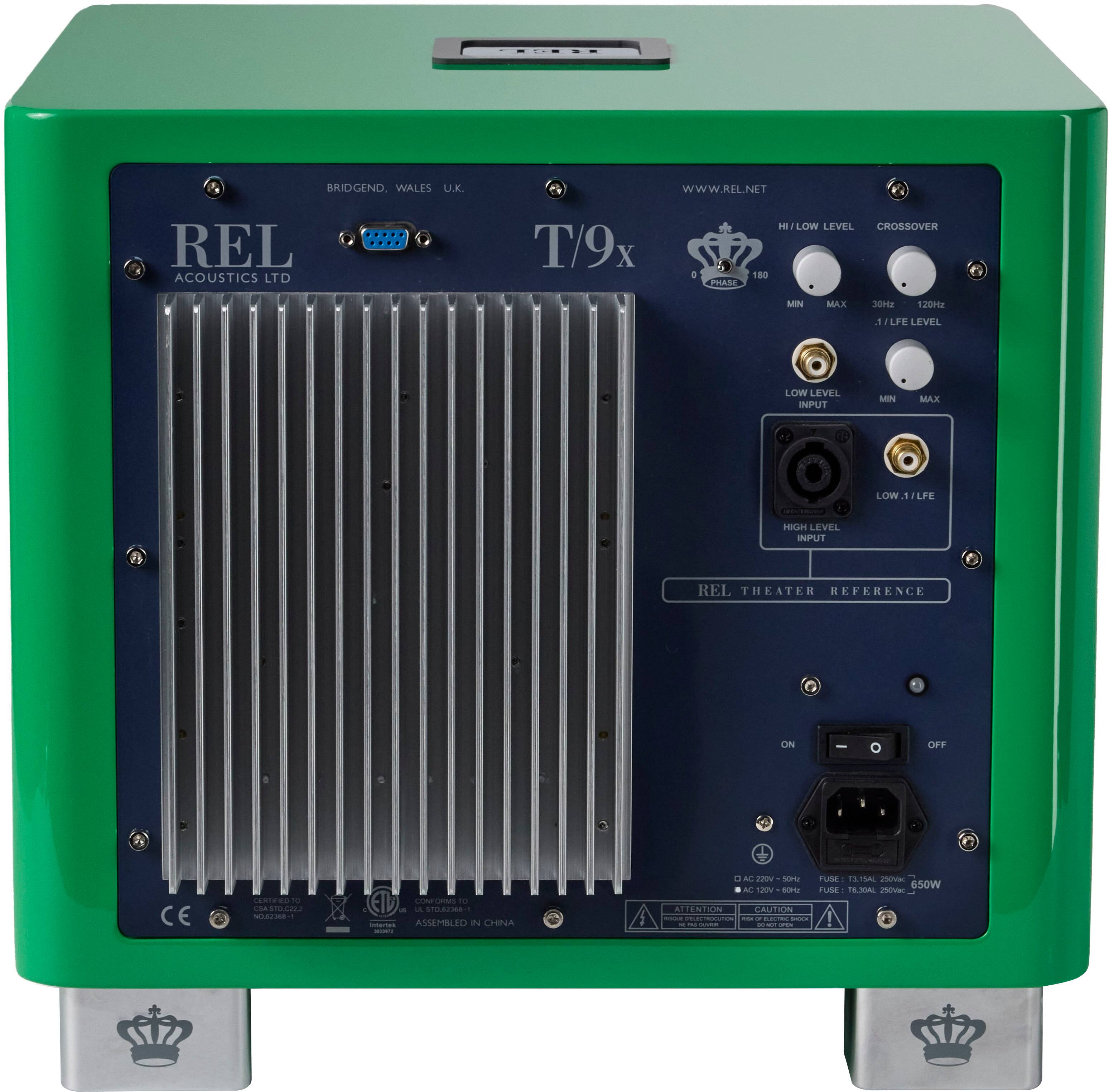 REL Acoustics Ltd. T/9x Phase Hi/Low Level Crossover 180 MN Max 30H2 1.2000 1 FLFE LEVEL LOW LEVEL INPUT MIN MAX LOW LFE HIGH LEVEL INPUT REL THEATER REPERENCE ON OFF ... ETV - - - - SPOAEM ASSEMBLED IN CANADA. A VISA APPROVED COMPANY. 650W A VISA REQUIRED.