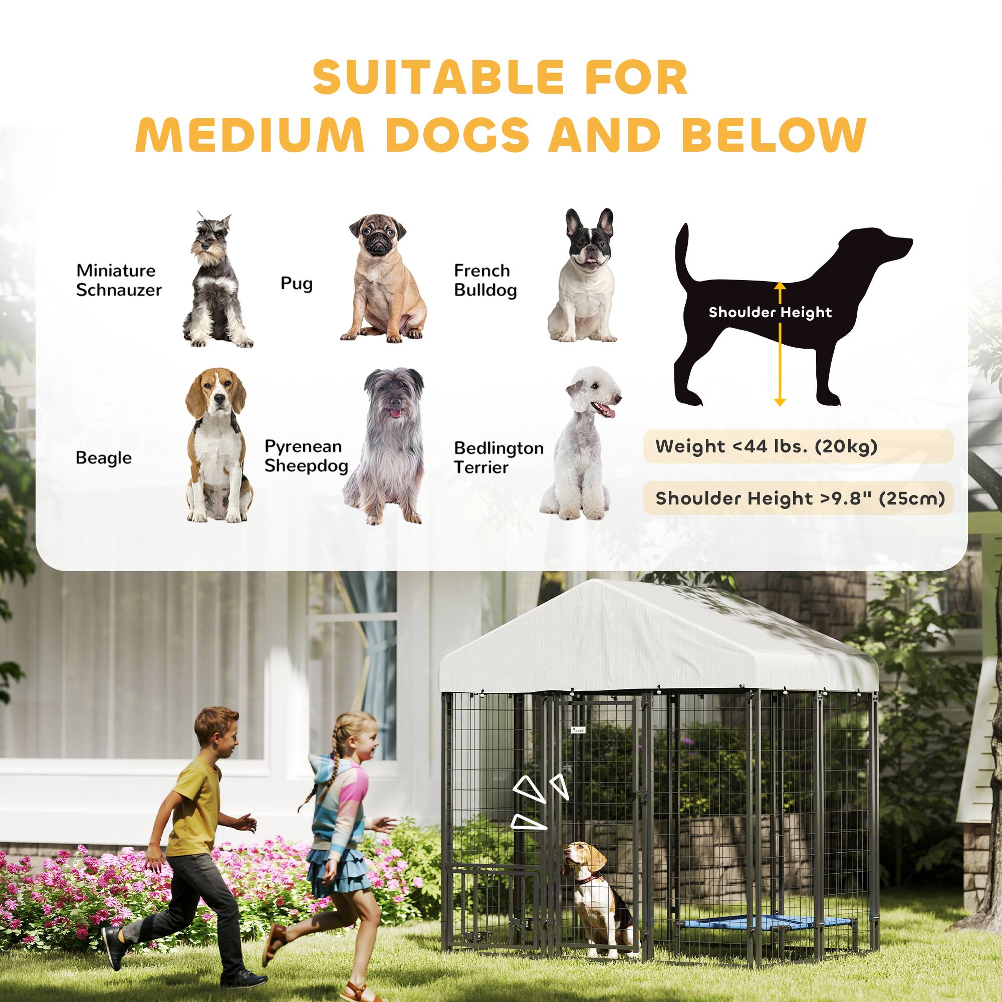 SUITABLE FOR  
MEDIUM DOGS AND BELOW  

Miniature Schnauzer  
Pug  
French Bulldog  
Beagle  
Pyrenean Sheepdog  
Bedlington Terrier  

Weight <44 lbs. (20kg)  
Shoulder Height >9.8" (25cm)