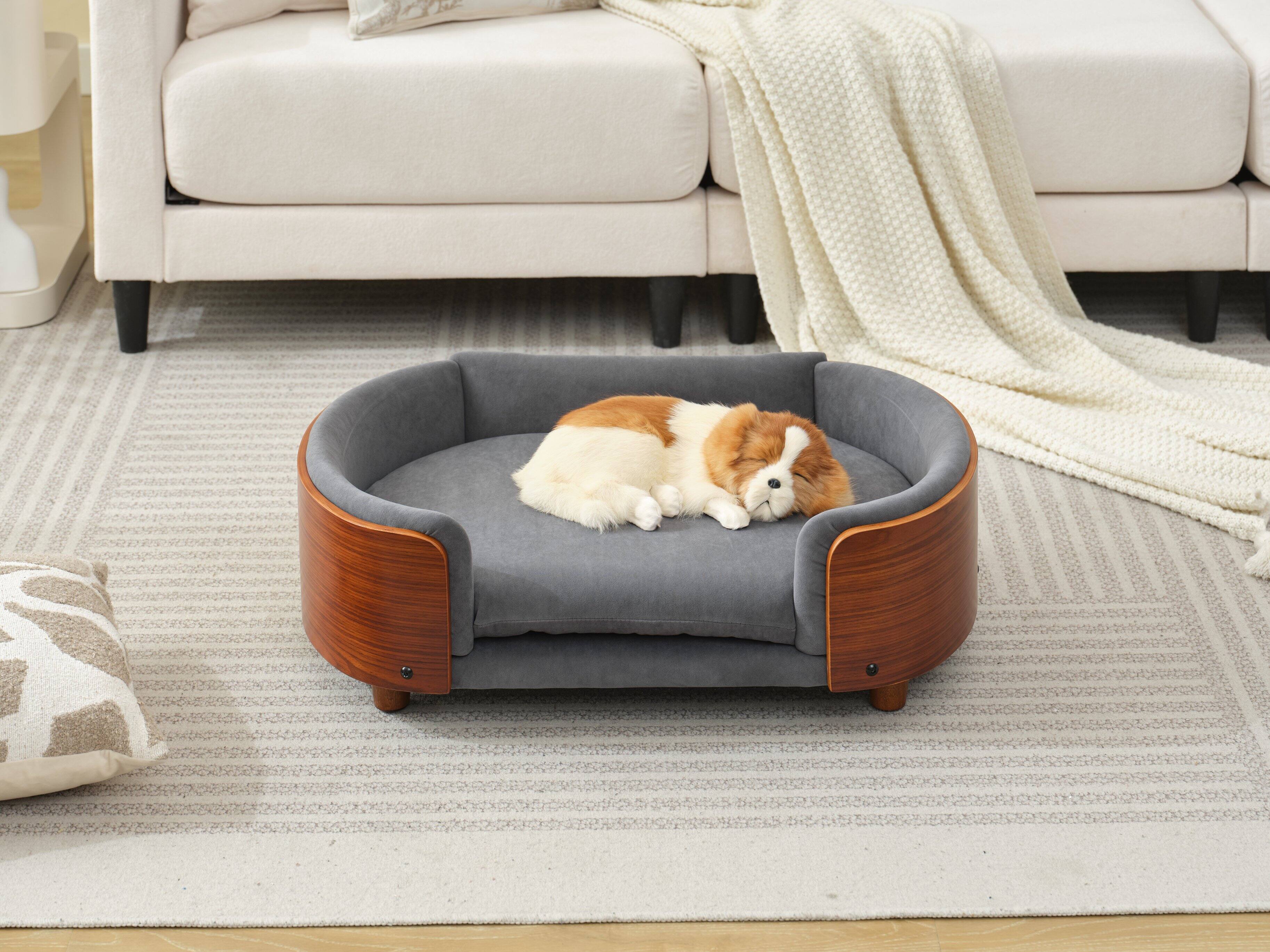 Front. Siljoy - Mid‑Size Scandinavian Pet Sofa, Walnut Wood & Dark Grey Velvet, Elevated Orthopedic Dog Bed - DARK GREY.
