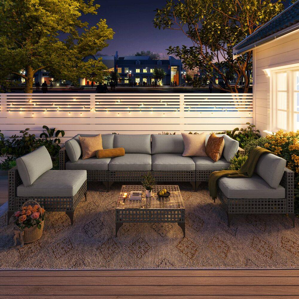 Left. Mondawe - 7-Piece Hollow Steel Seating Set with Waterproof Cushions and Adjustable Feet - Grey.