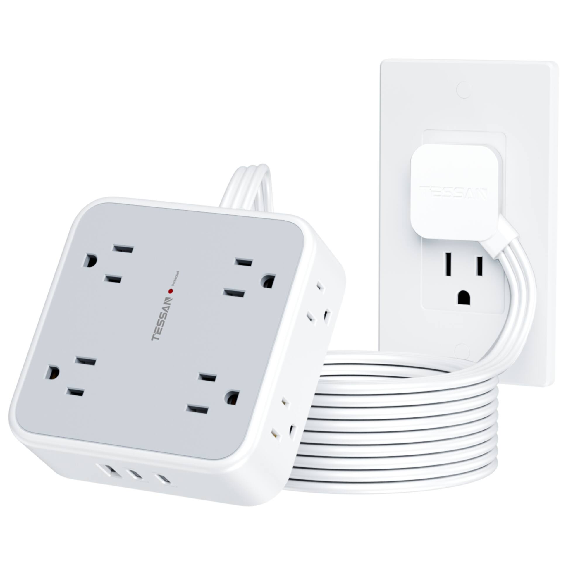TESSAN - 900J Protection,5 Ft Flat Plug,Surge Protector Power Strip with 8 Outlets and 3 USB Ports(2 USB C),Grey - Gray