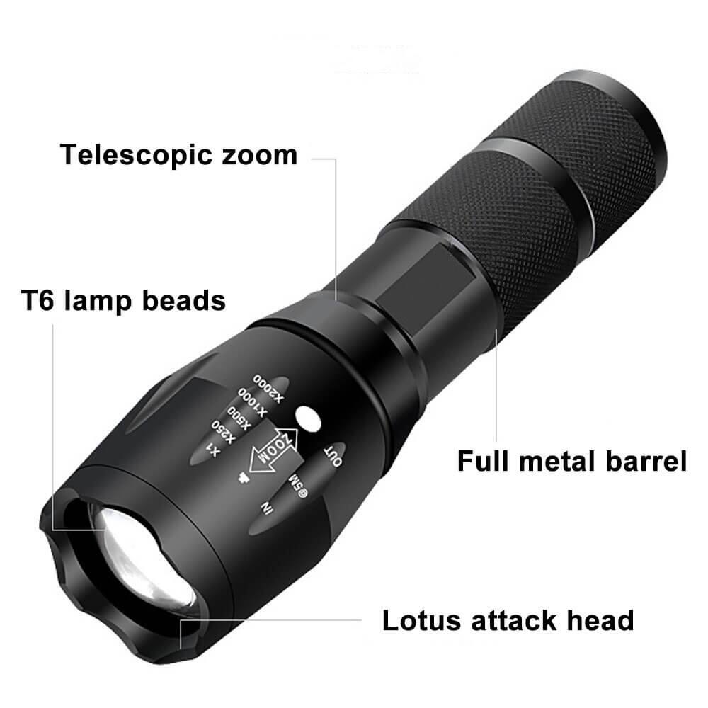Telescopic zoom  
T6 lamp beads  
Full metal barrel  
Lotus attack head  

Zoom levels:  
X1000  
X2000  
X250  
X500  
X1  

Zoom out @5M  
IN  
Full