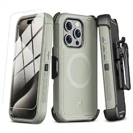 Mybat Pro - Maverick Series MagSafe Case with Holster and Tempered Glass for Apple iPhone 15 Pro (6.1) - Grey - Gray