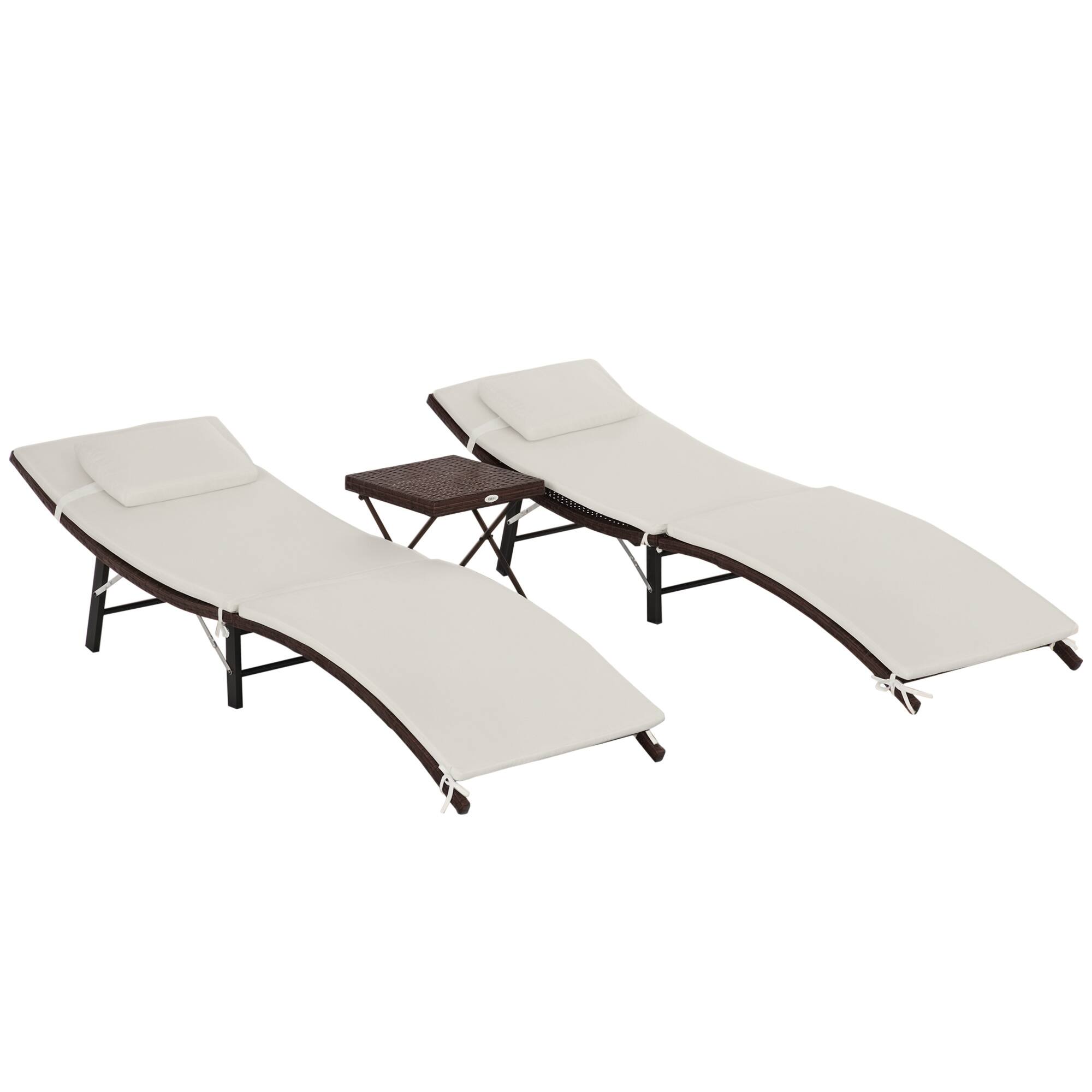 Front. Outsunny - Patio Chaise Set, Set Of 2 Folding Pool Lounge Chairs with Side Table, Outdoor PE Rattan Wicker, Cushion - Cream White.