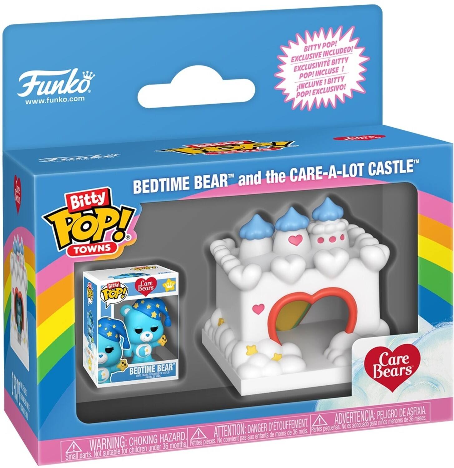 Funko  
www.funko.com  

Bitty Pop!  
Towns  

BEDTIME BEAR and the CARE-A-LOT CASTLE  

Bitty Pop!  
EXCLUSIVE INCLUDED!  
EXCLUSIVE BITTY POP!  
INCLUSE !  
INCLUIVE EXCLUSIVO!  
POP! EXCLUSIVO!  

WARNING: CHOKING HAZARD.  
ATTENTION: DANGER D'ÉTOUFFEMENT.  
ADVERTENCIA: PELIGRO DE ASFIXIA.  
Not suitable for children under 36 months.  
Ne convient pas aux enfants de moins de 36 mois.  
No es adecuado para niños menores de 36 meses.  
Small parts.  
Petites pièces.  
Partes pequeñas.  

Care Bears