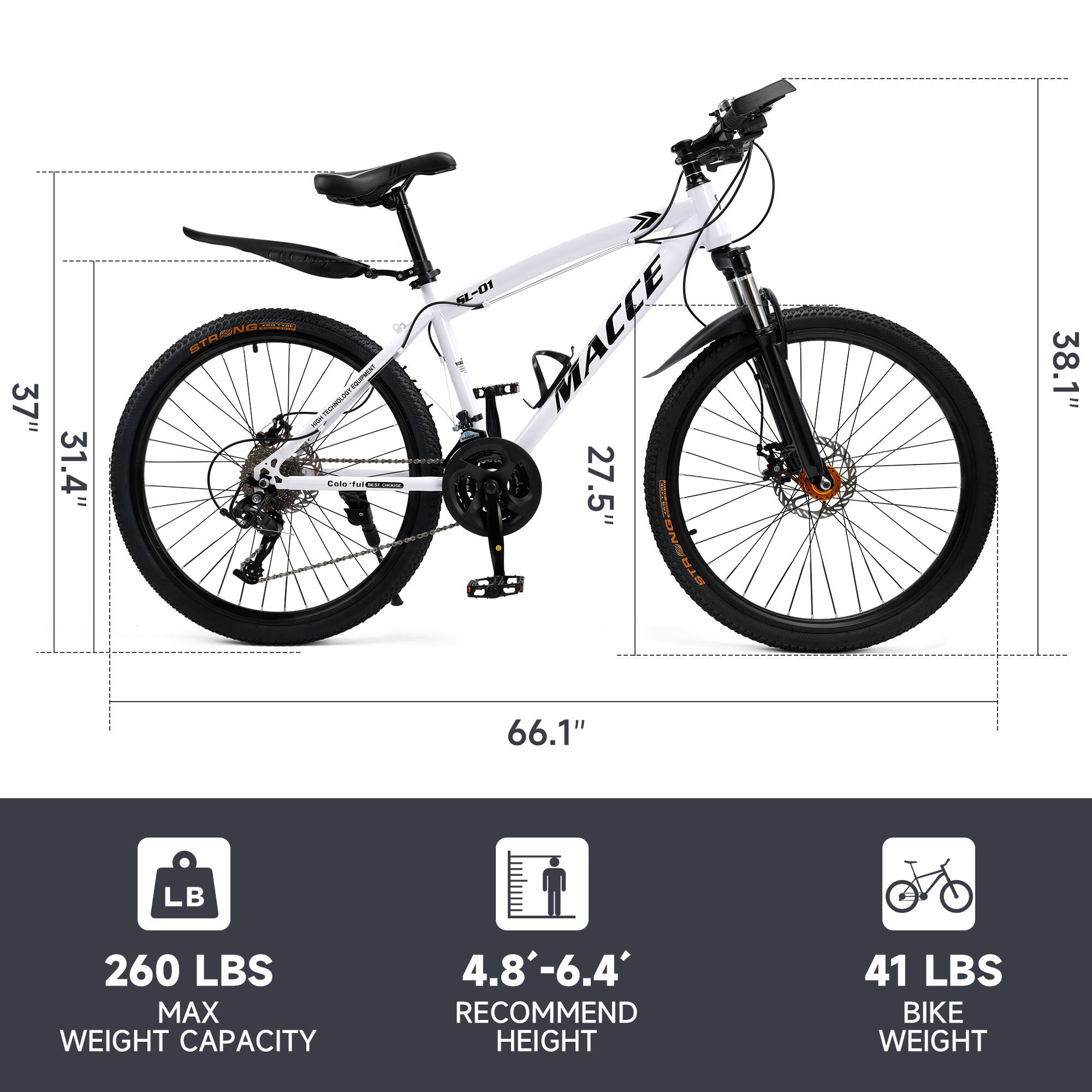 - **Frame Size:** 37" x 31.4"
- **Wheel Size:** 27.5"
- **Seat Height:** 38.1"
- **Handlebar Height:** 38.1"
- **Overall Length:** 66.1"
- **Max Weight Capacity:** 260 LBS
- **Recommended Rider Height:** 4.8' - 6.4'
- **Bike Weight:** 41 LBS