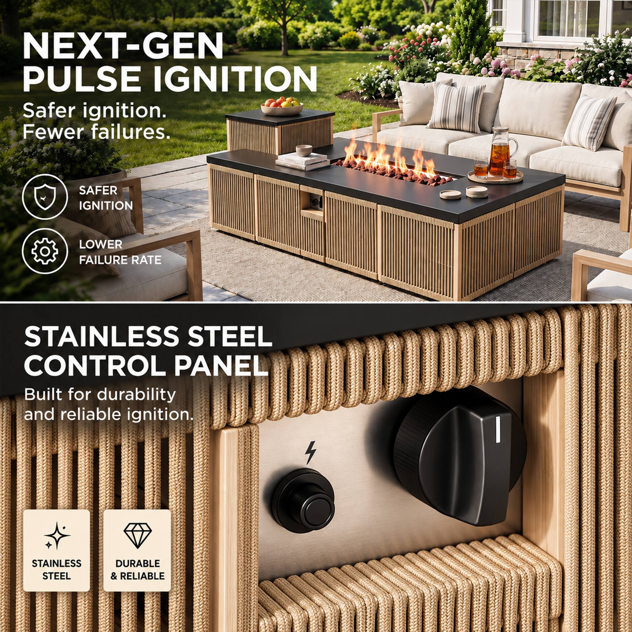 NEXT-GEN PULSE IGNITION  
Safer ignition. Fewer failures.  
SAFER IGNITION  
LOWER FAILURE RATE  

STAINLESS STEEL CONTROL PANEL  
Built for durability and reliable ignition.  
STAINLESS STEEL  
DURABLE & RELIABLE