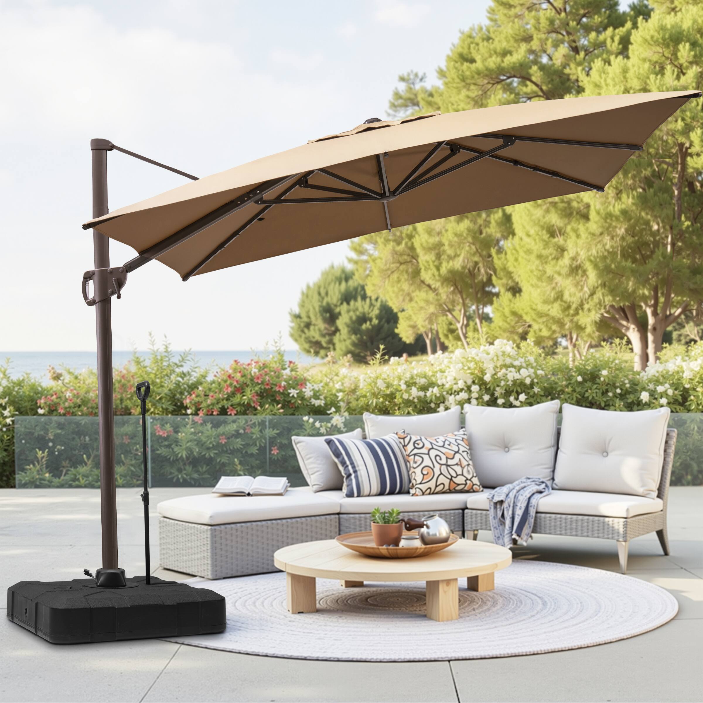 Angle. Crestlive Products - Crestlive Products 9x11ft Aluminum Crank Cantilever Patio Umbrella with Base - Brown.