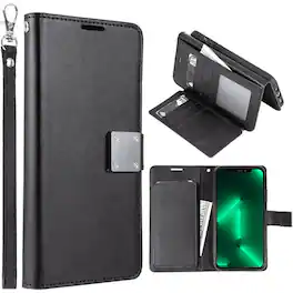 Entronix - iPhone XR Case - Stylish Foldable Leather Wallet with Card Holder & Lanyard - Black