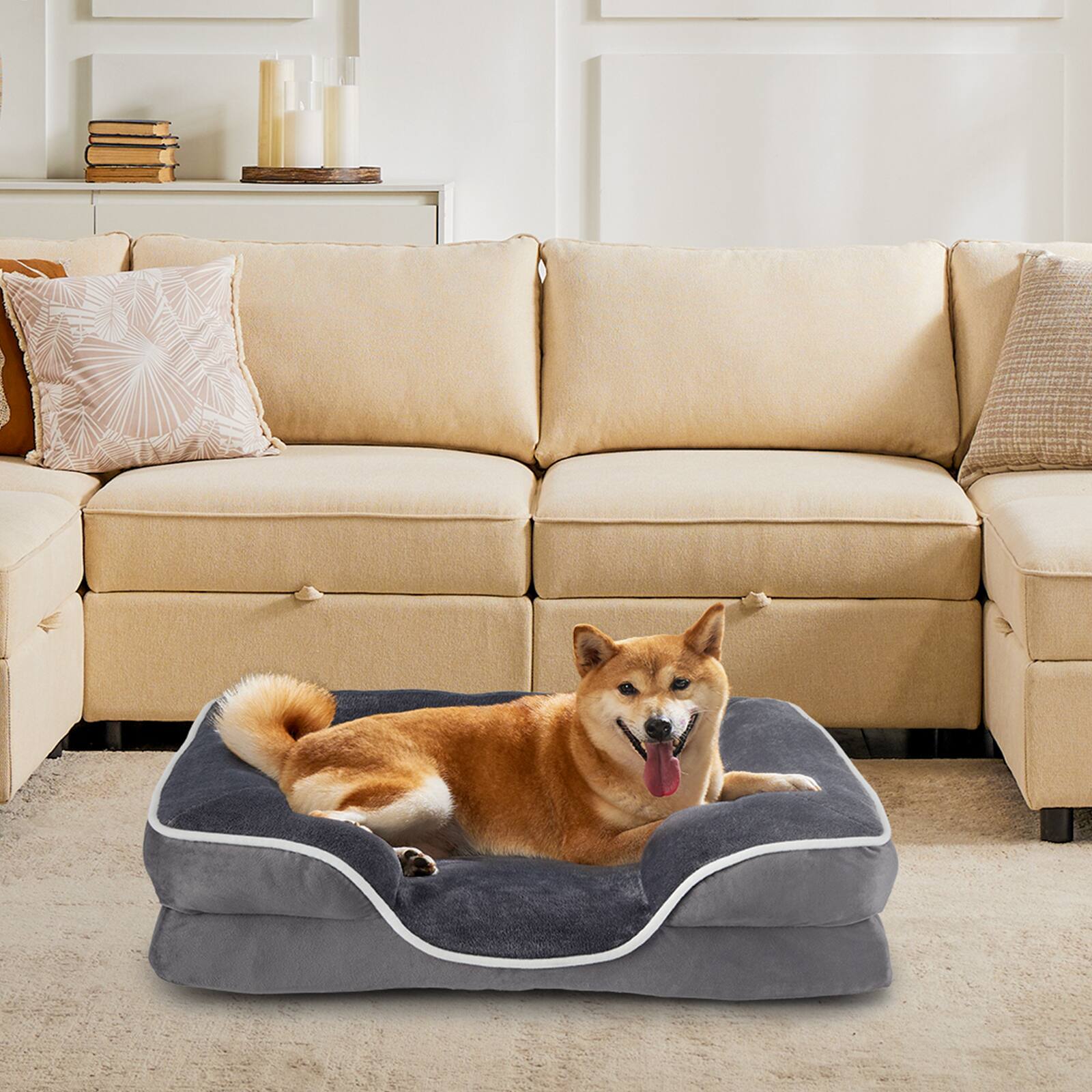 Angle. AENKYO - Pet Bed with Washable Removable Cover Non-Slip Base Waterproof Liner for Dogs & Cats - Gray.