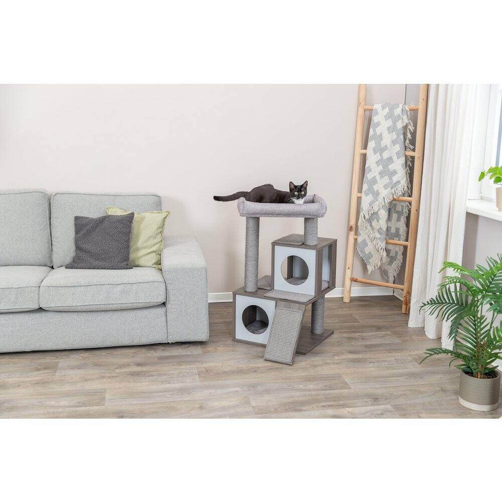 Left. TRIXIE - Mali Sisal & Wood 34" Cat Tree with Scratching Posts & Pads, Condos, Ramp - Gray.