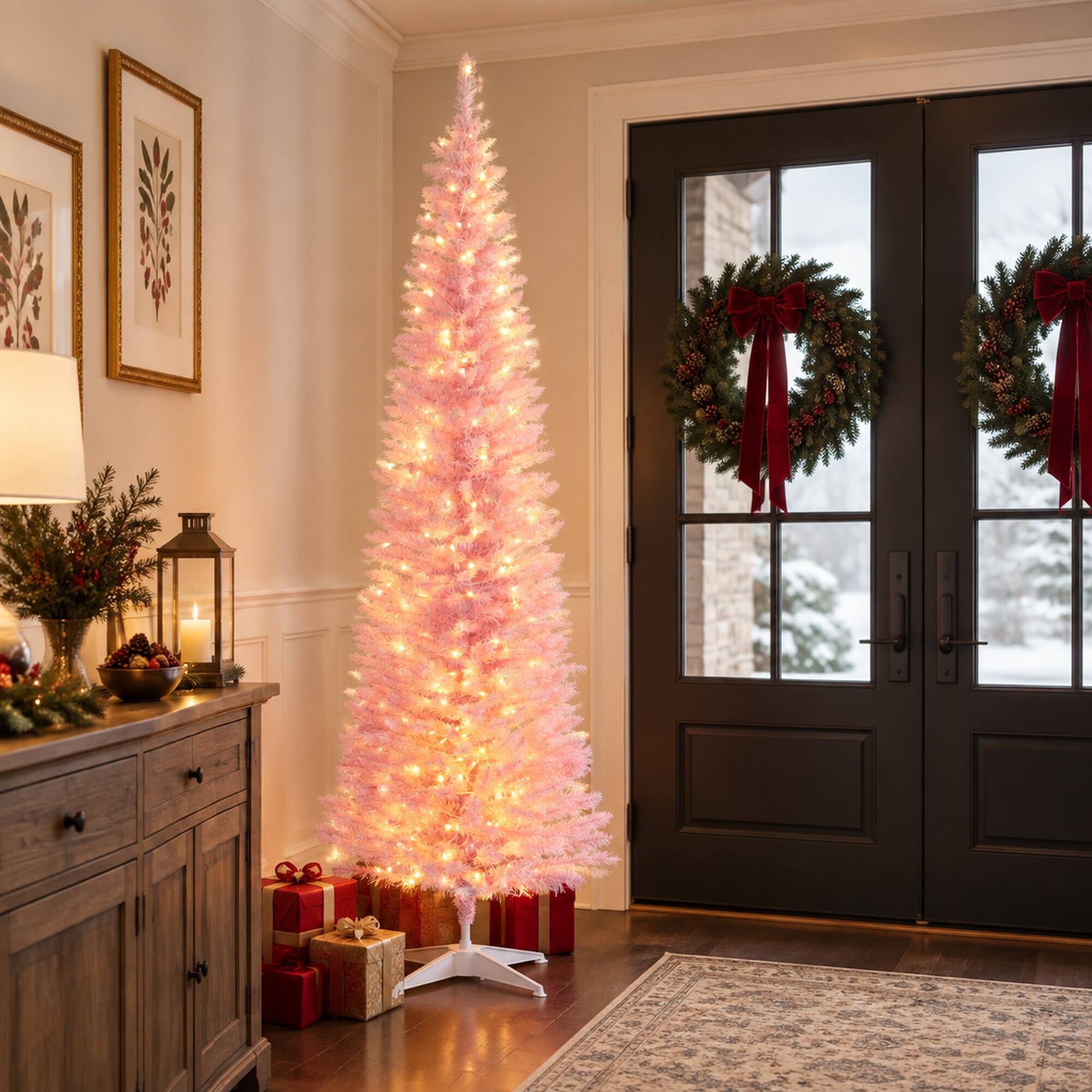 Alt View 1. RYHNUYNE - 7 Ft Slim Noble Fir Pink Artificial Christmas Tree With 200 Warm White LED Lights, 499 Tips Metal Stand Decor - Pink.