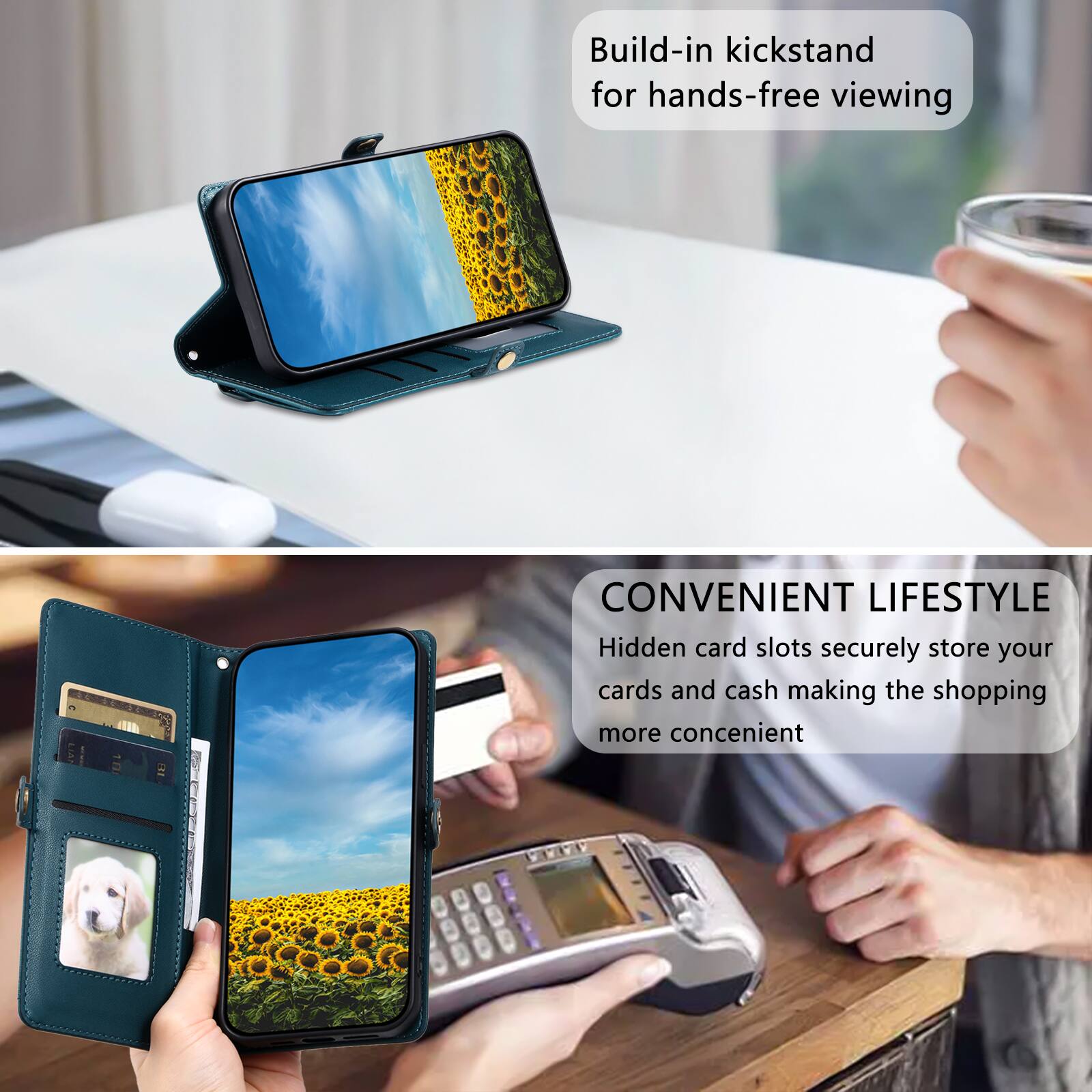 Build-in kickstand for hands-free viewing

CONVENIENT LIFESTYLE
Hidden card slots securely store your cards and cash making the shopping more convenient