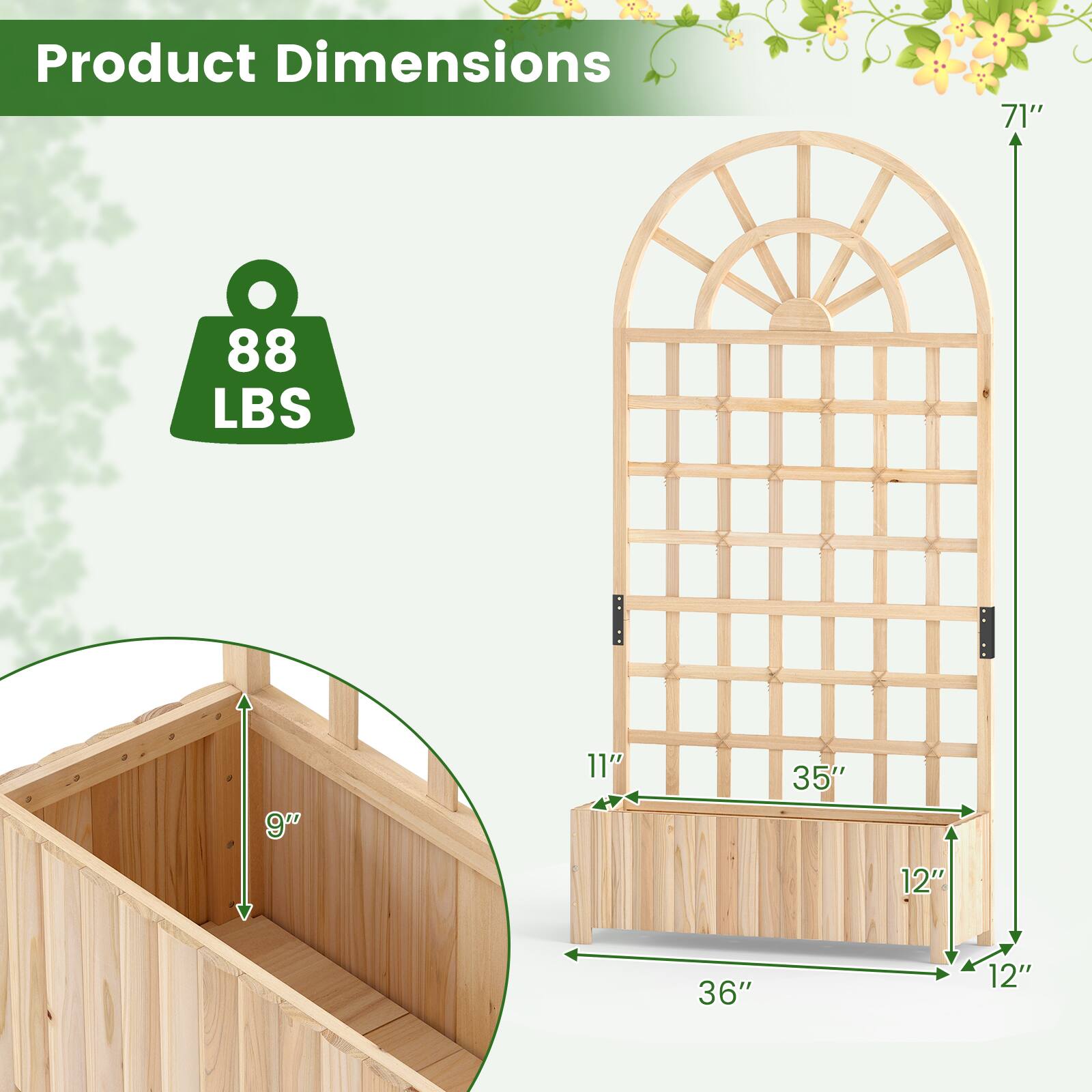 Product Dimensions: 71" H x 36" W x 11" D  
Weight: 88 LBS  
Internal Dimensions: 9" H x 12" W x 35" D