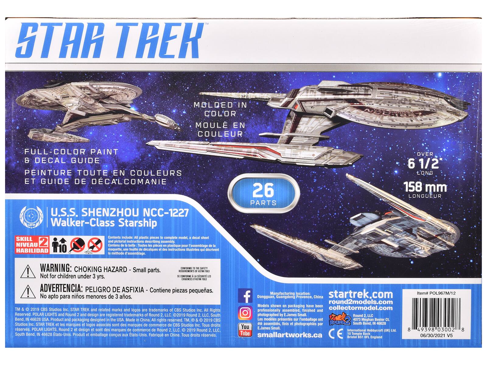 **STAR TREK**

**FULL-COLOR PAINT & DECAL GUIDE**  
**PEINTURE TOUTE EN COULEURS ET GUIDE DE DÉCALCOMANIE**

**U.S.S. SHENZHOU NCC-1227**  
**Walker-Class Starship**

**MOLDED IN COLOR**  
**MOULÉ EN COULEUR**

**26 PARTS**  
**OVER 6 1/2" LONG**  
**158 mm LONGUEUR**

**SKILL LEVEL 2**  
**NIVEAU 2**  
**HABILIDAD 2**

**WARNING: CHOKING HAZARD - Small parts. Not for children under 3 yrs.**  
**ADVERTENCIA: PELIGRO DE ASFIXIA - Contiene piezas pequeñas. No apto para niños menores de 3 años.**

**Contents include: All plastic pieces to complete model, a decal sheet and pictorial instructions describing assembly.**  
**Contenu Toutes pièces plastique 'assemblage, une feuille de décalques et des instructions illustrées qui décrivent la méthode d'assemblage.**

**Manufacturing