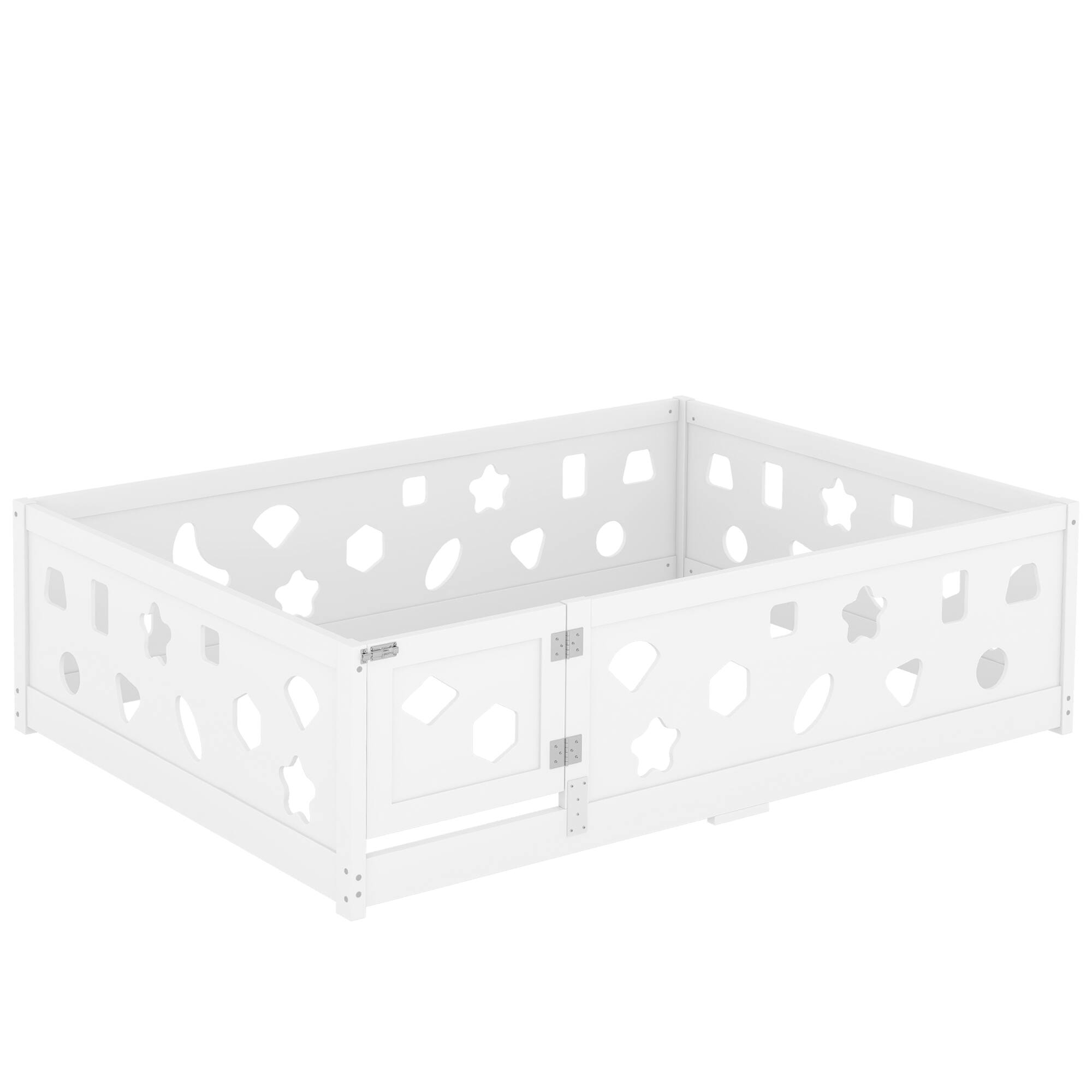 Alt View 6. Tiramisubest - Full Size Floor Bed with Heightened Safety Guardrails and Door, Solid Wood Bedframe with Rails No Slats Included, White - White.