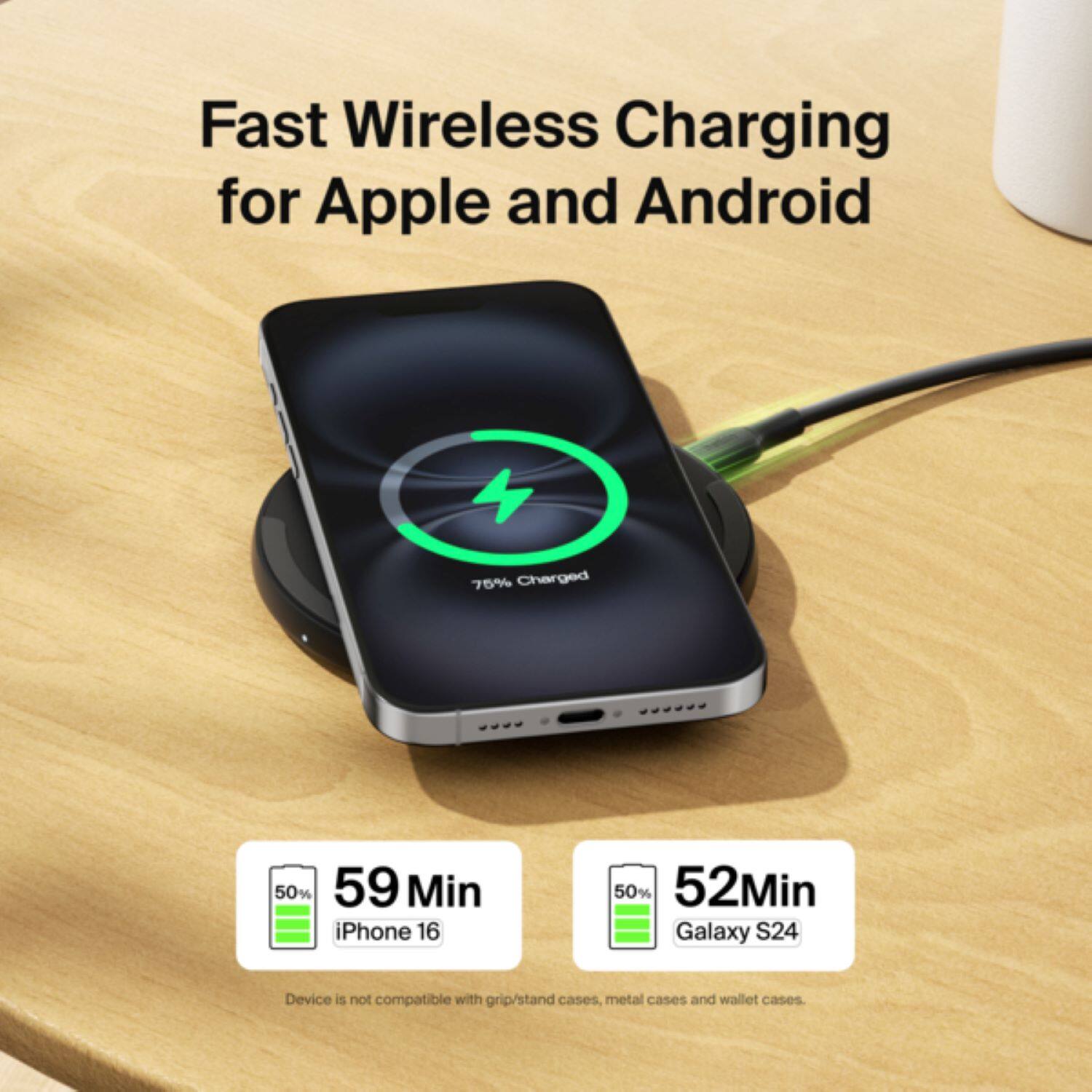 Fast Wireless Charging for Apple and Android: 75% Charged, 50% Charged, 59 Min iPhone 16, 50% Charged, 52 Min Galaxy S24. Device is not compatible with grip/stand cases, metal cases, and wallet cases.