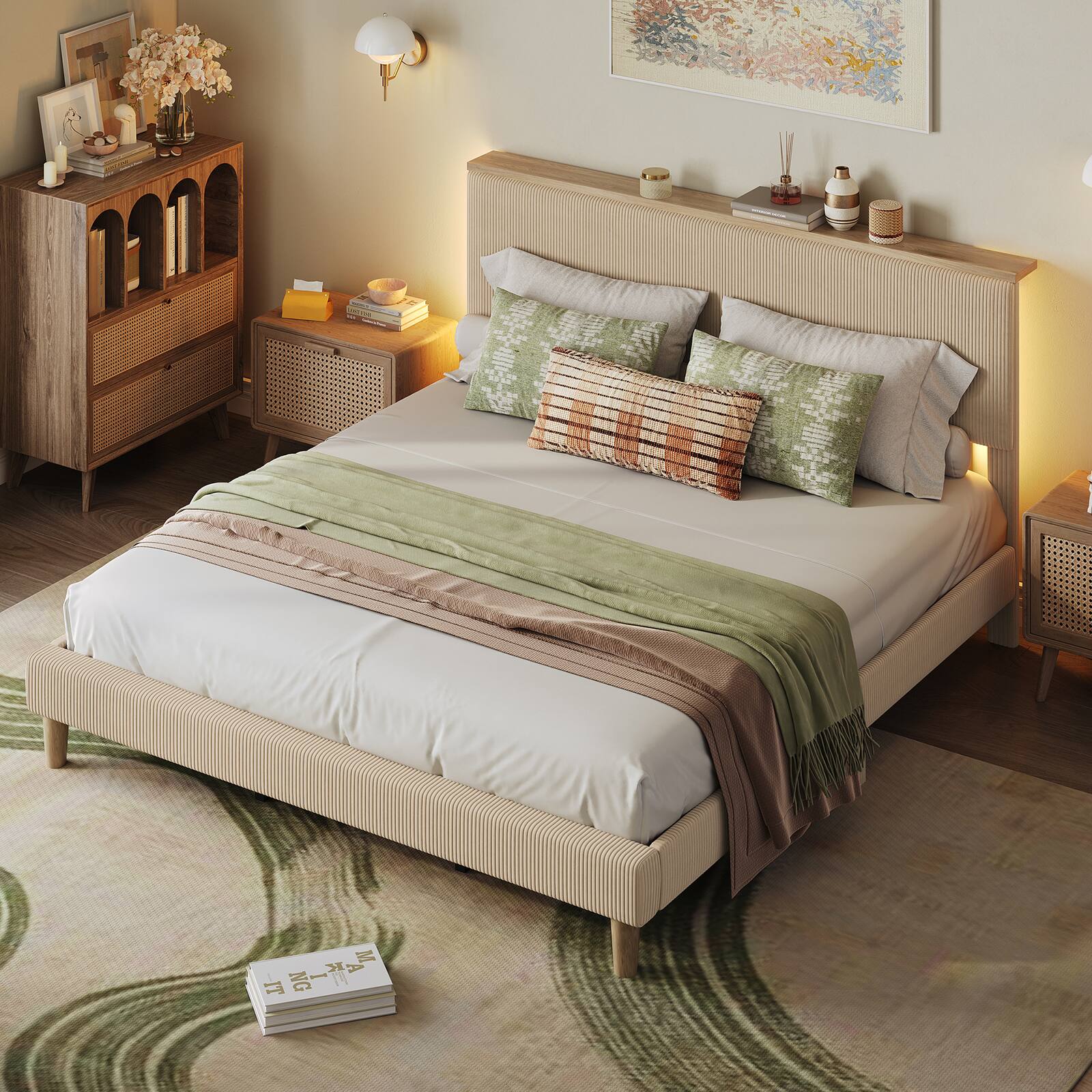 Left. Bestier - King Size Upholstered Platform Bed Frame with LED Lighting and Adjustable Storage Headboard for Bedroom - Taupe.