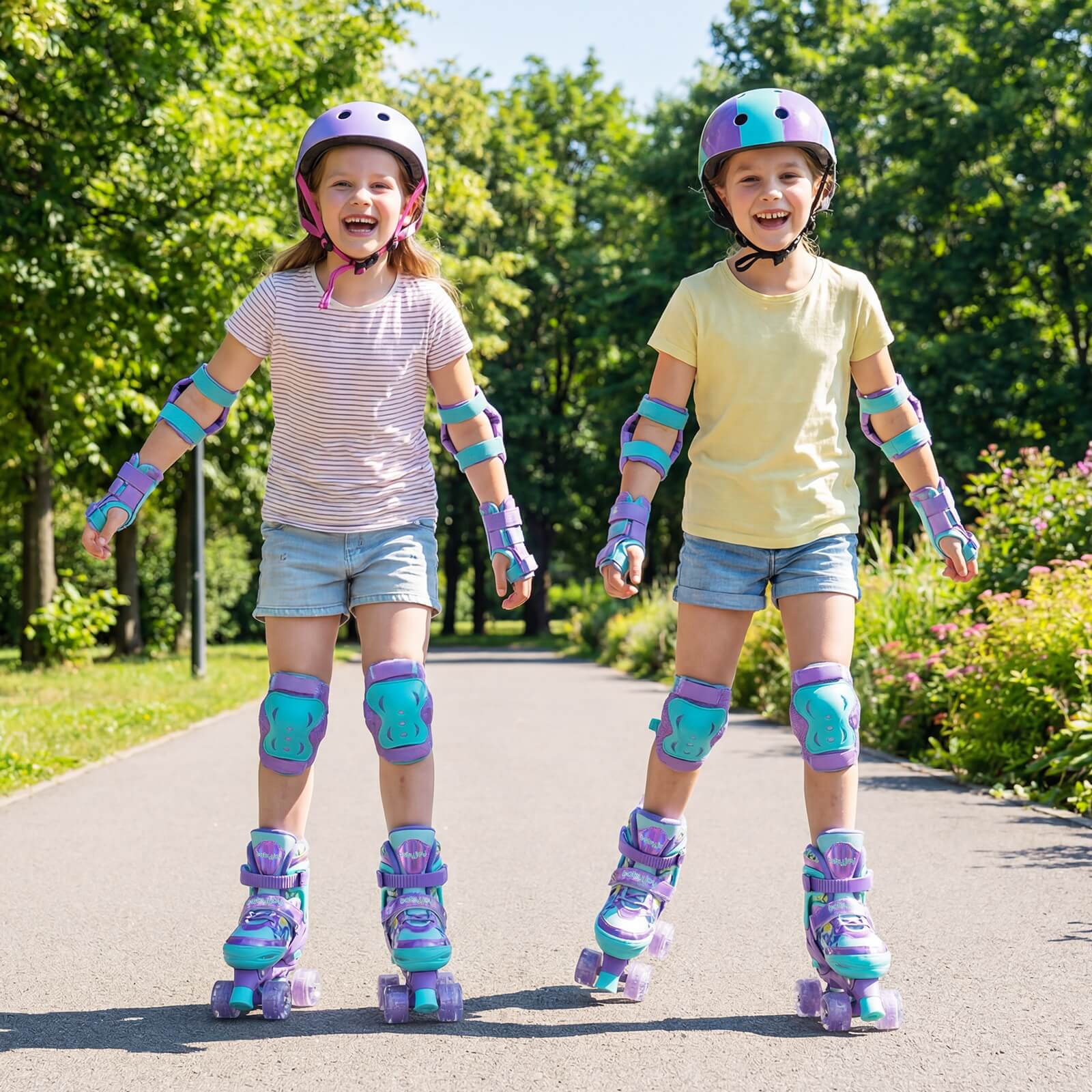 Alt View 4. Costway - Costway 4 Sizes Adjustable Quad Skates with Light-up Wheels&Safety Protection for Beginners 1-4 - Purple.