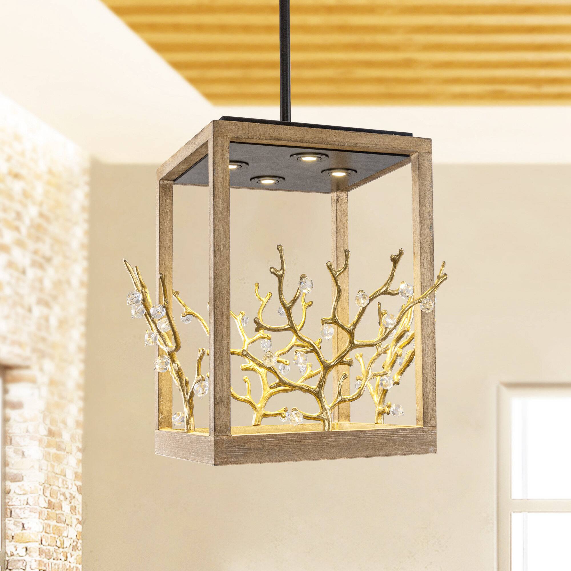 Angle. Parrot Uncle - 18.5 in. 4-Light Matte Black Modern Cube Caged Chandelier - Gold.