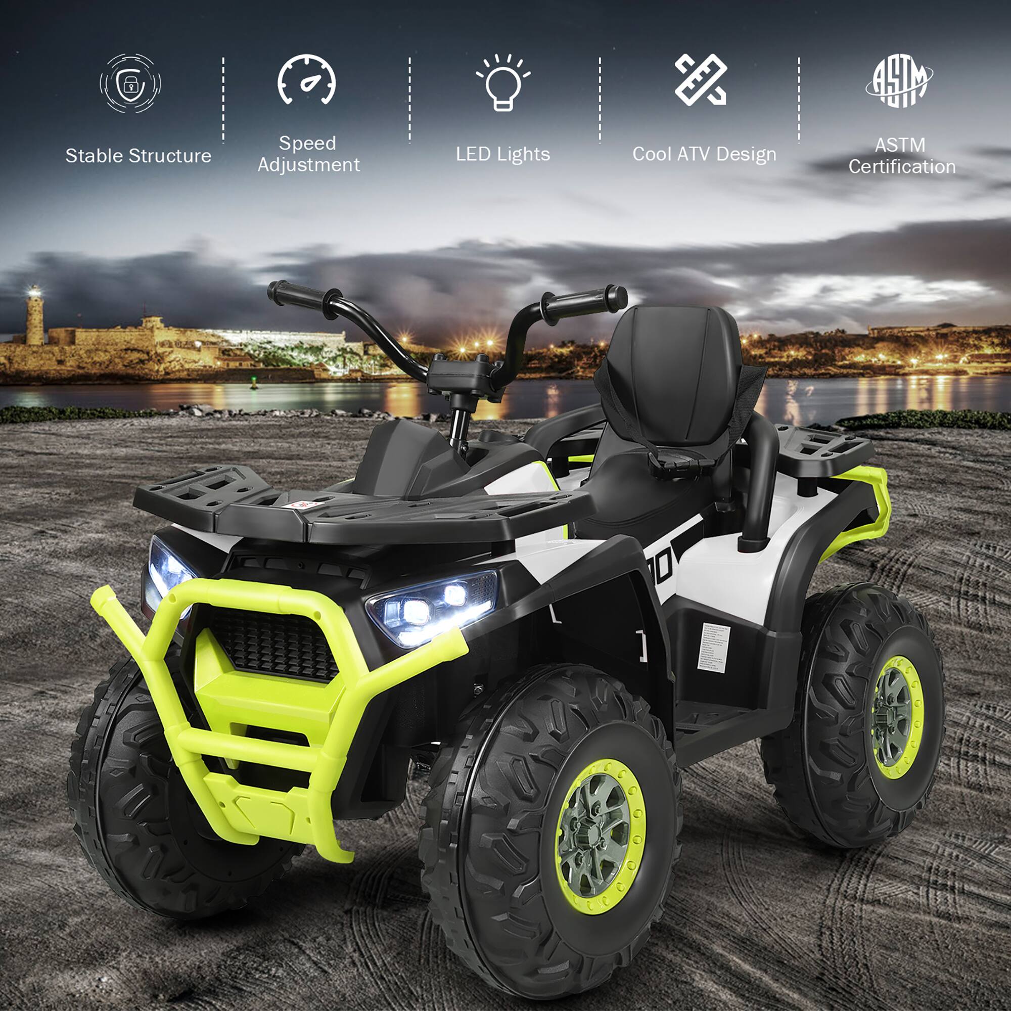 - Stable Structure
- Speed Adjustment
- LED Lights
- Cool ATV Design
- ASTM Certification