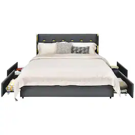 Ecooso - Full Size Upholstered Bed Frame with 4 Spacious Storage Drawers - Gray