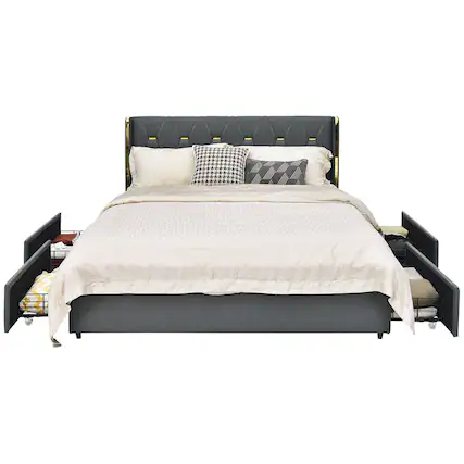 Front. Ecooso - Full Size Upholstered Bed Frame with 4 Spacious Storage Drawers - Gray.