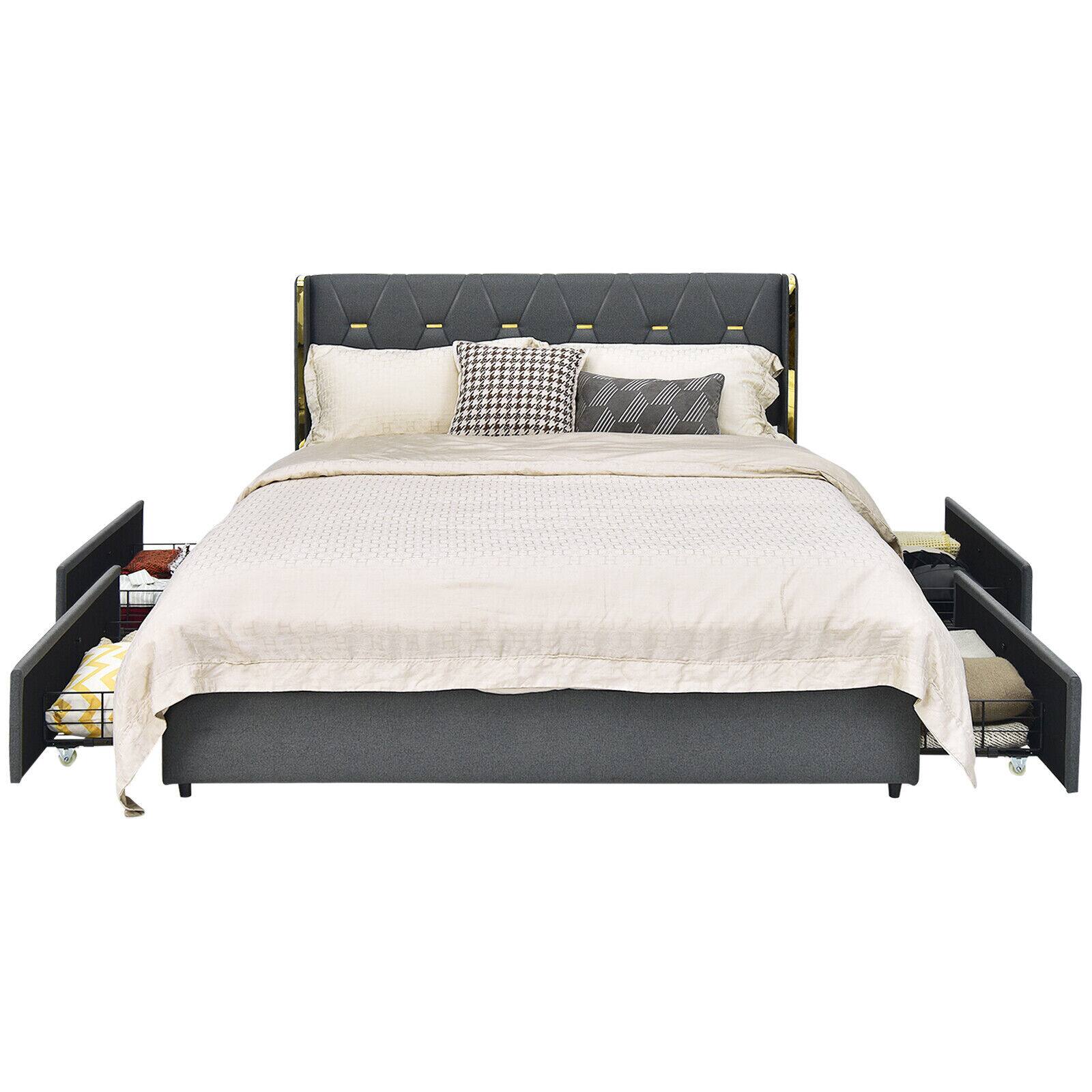 Front. Ecooso - Full Size Upholstered Bed Frame with 4 Spacious Storage Drawers - Gray.