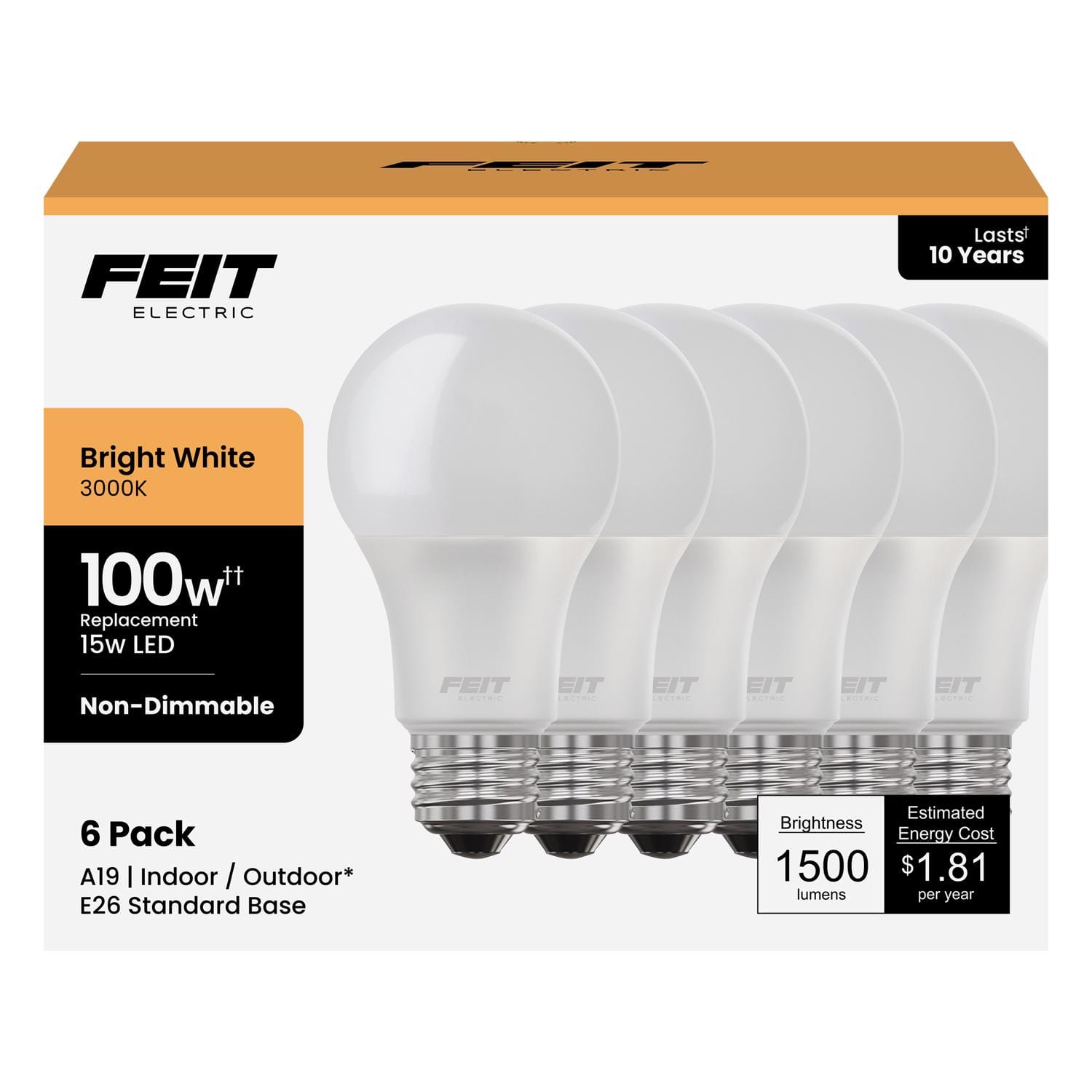 FEIT ELECTRIC - Feit A19 E26 (Medium) LED Bulb Bright White 100 Watt Equivalence 6 pk