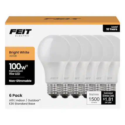 FEIT Electric
Lasts 10 Years
Bright White 3000K
100w Replacement 15w LED
Non-Dimmable
6 Pack
A19 | Indoor / Outdoor*
E26 Standard Base
Estimated Brightness: 1500 lumens
Estimated Energy Cost: $1.81 per year