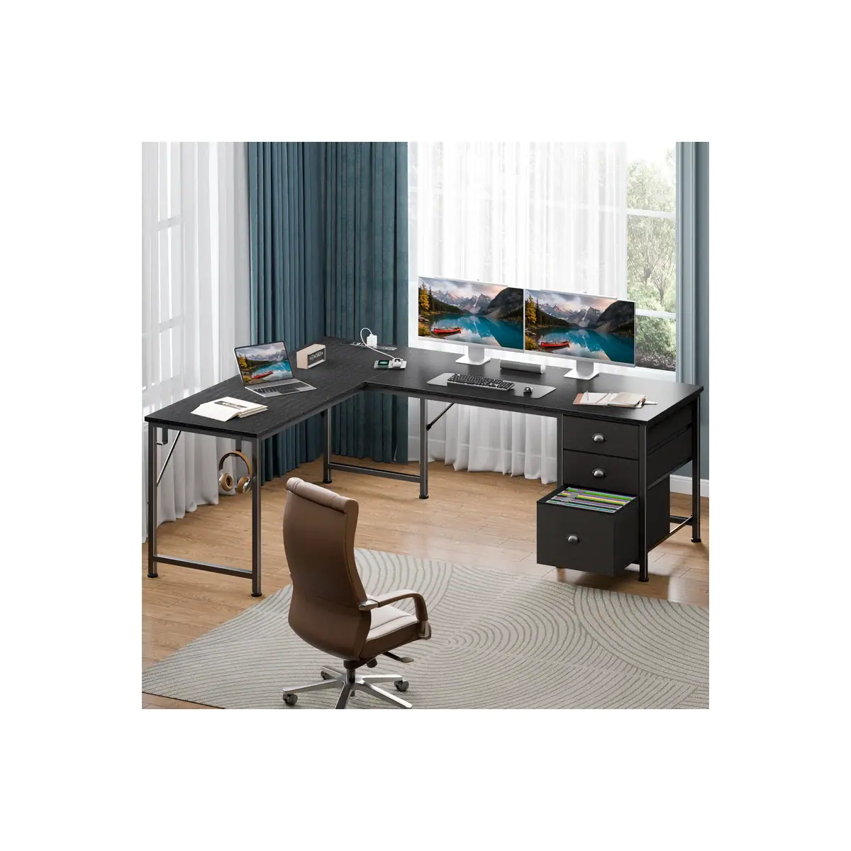 Alt View 8. Furnulem - 63 In Gaming Desk with LED Lights  Power Outlets Computer Desk with Drawers  Printer Stand - Black.