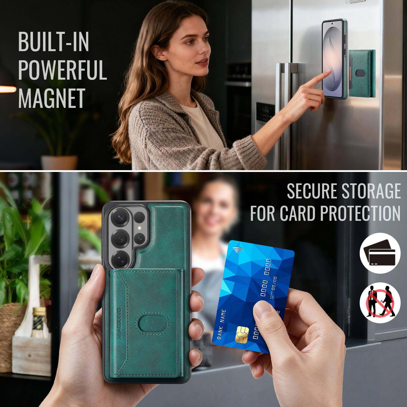 BUILT-IN POWERFUL MAGNET  
SECURE STORAGE FOR CARD PROTECTION  
MACKING  
NAME BANK  
.... 0000 MONARES 00/00 3 000