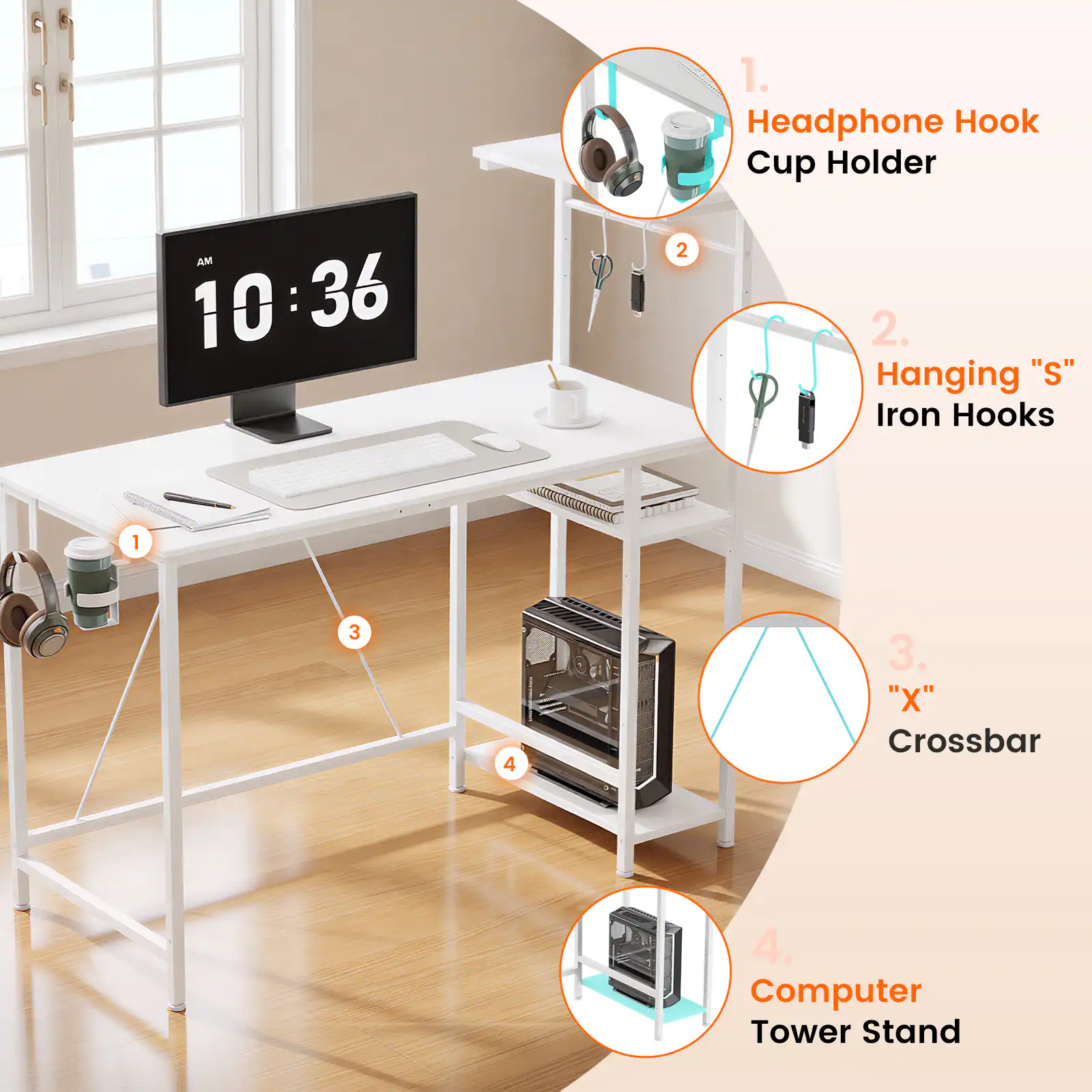 AM 10:36
1. Headphone Hook Cup Holder
2. Hanging "S" Iron Hooks
3. "X" Crossbar
4. Computer Tower Stand