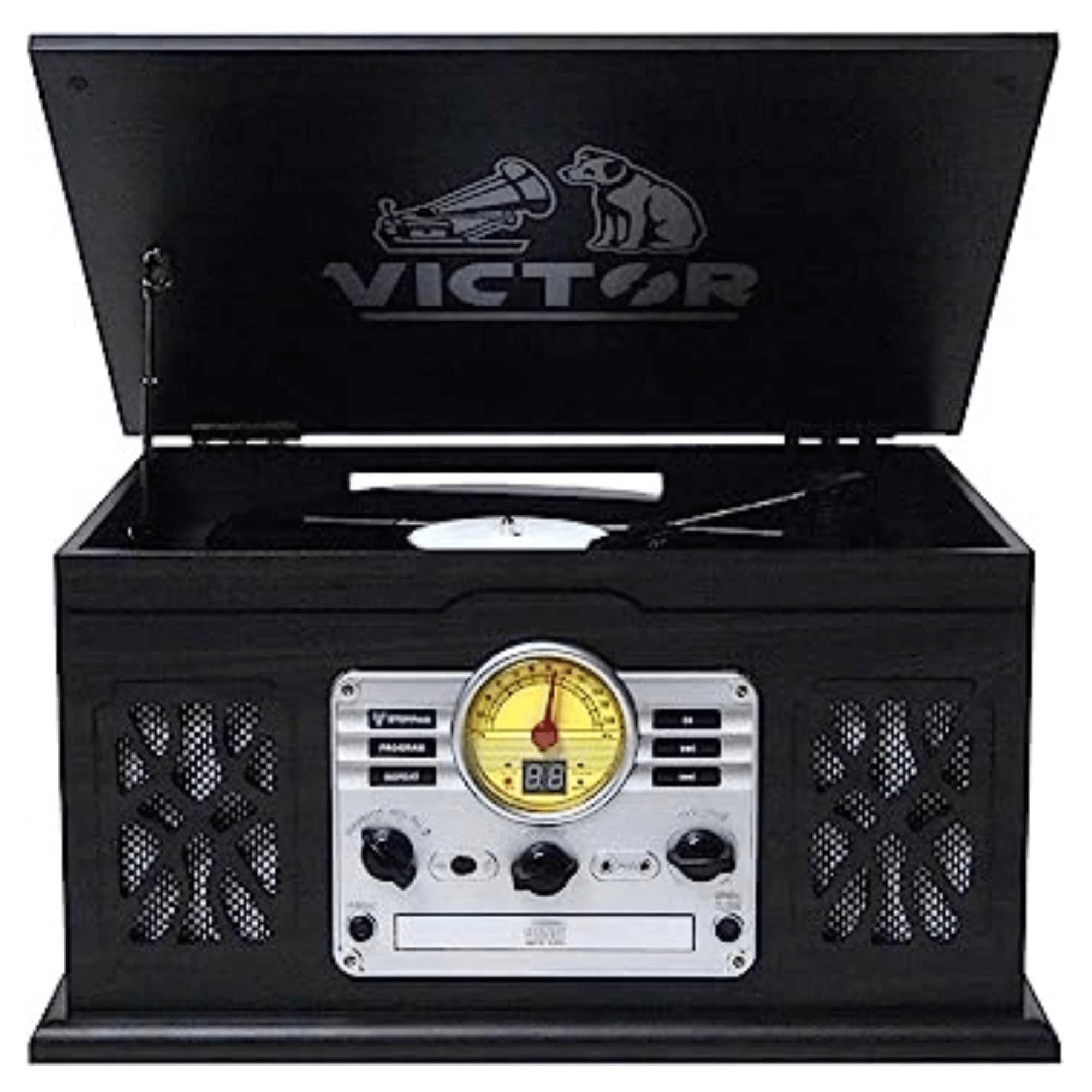 Victor Audio - State 7-in-1 Wood Music Center with 3-Speed Turntable and Dual Bluetooth - Graphite