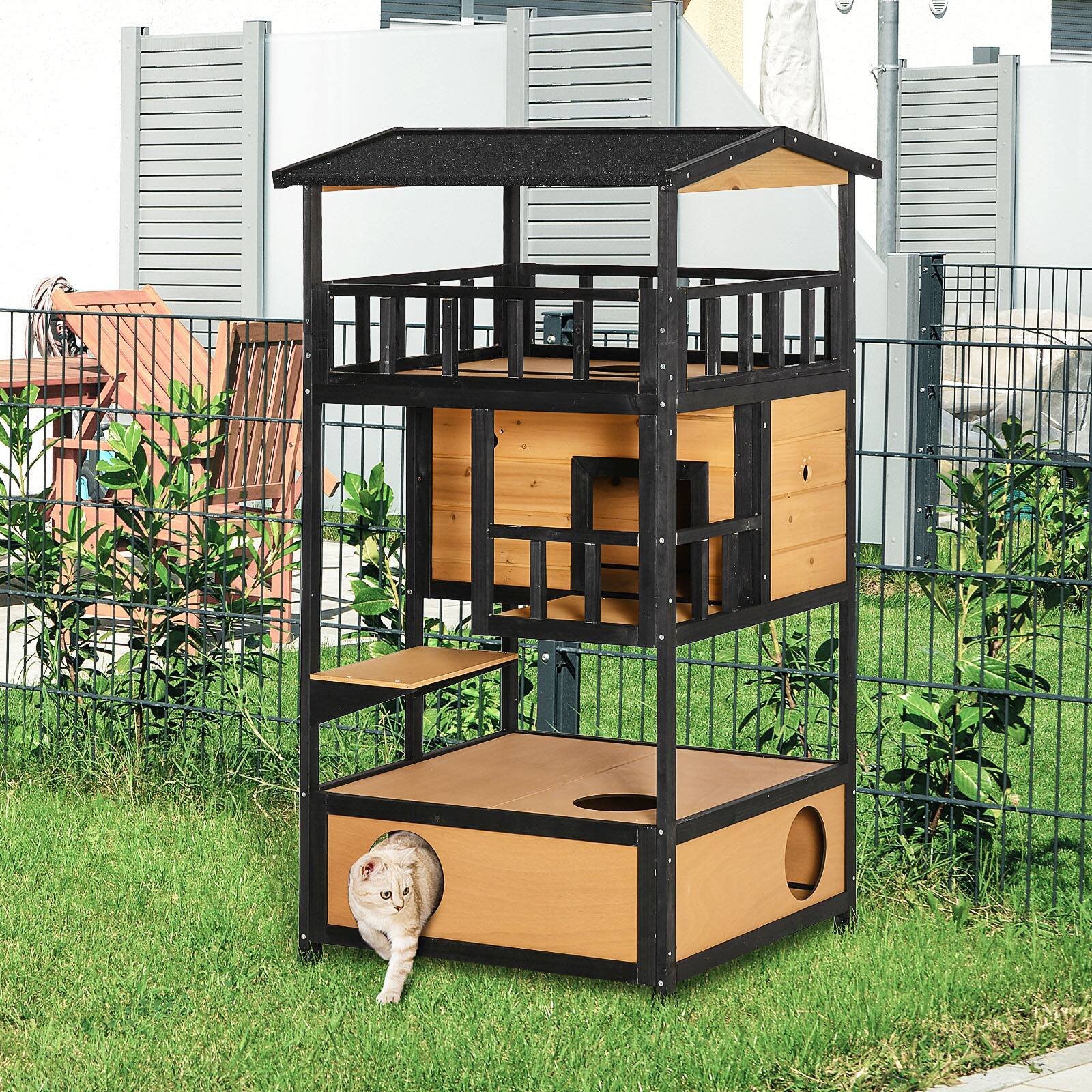 Angle. Siljoy - Yellow Outdoor Cat House with Asphalt Roof, Escape Doors & Jump Platform, Feral Cat Shelter.