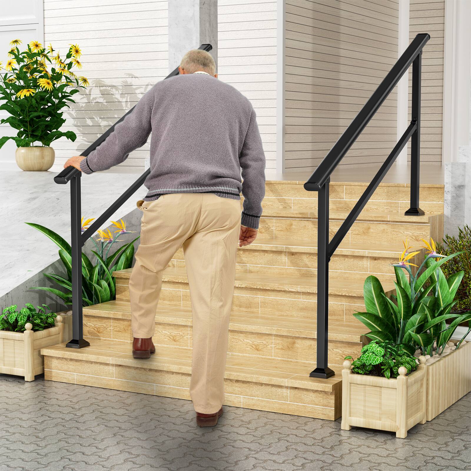 Angle. LOVMOR - LOVMOR 2 Pack 5 Step Hand Rails for Outdoor Steps Wrought Iron Railing - Black.