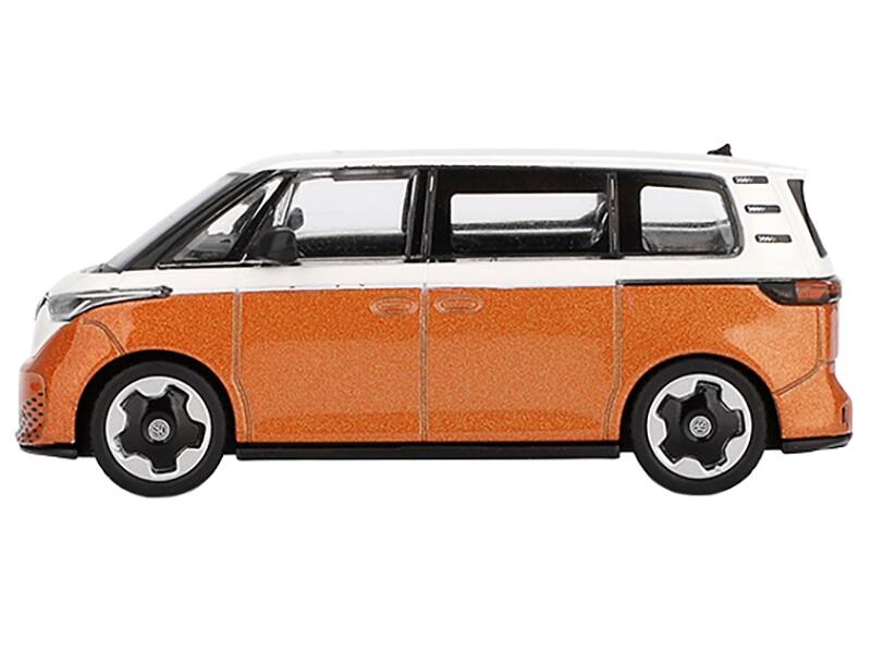 Angle. Mini GT - Volkswagen ID.Buzz Van Candy White and Energetic Orange Metallic Limited Edition 1/64 Diecast Model Car by Mini GT - White and Orange Metallic.
