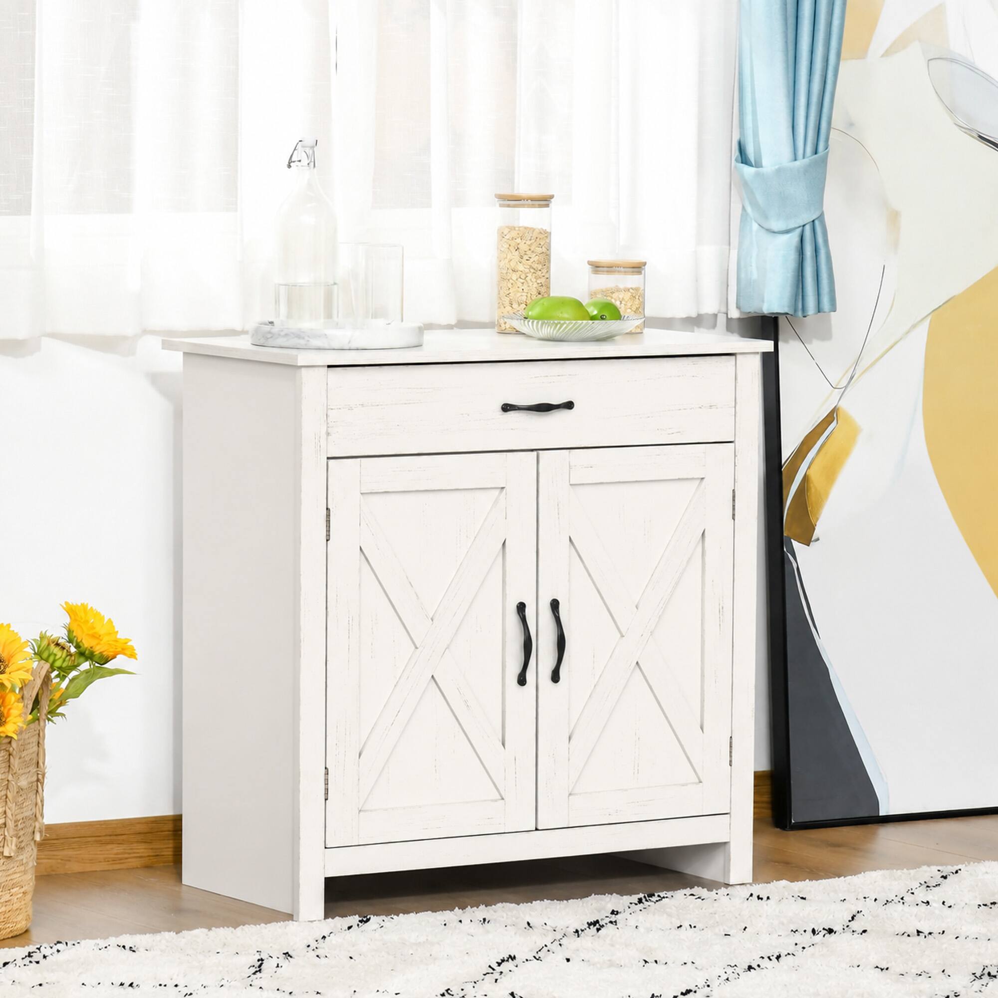 Alt View 1. Homcom - Sideboard Cabinet with Barn Doors Kitchen Buffet Cabinet with Drawer and Adjustable Shelf Stone White - White.