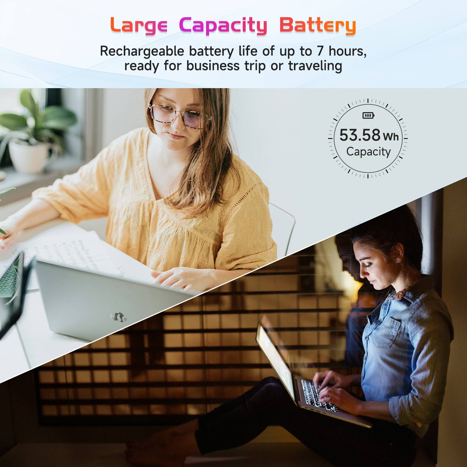 Large Capacity Battery

Rechargeable battery life of up to 7 hours, ready for business trip or traveling

53.58 Wh Capacity