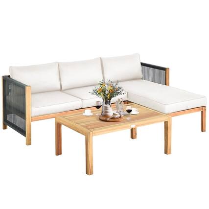 Front. Pefilos - 3 Pieces Patio Acacia Wood Sofa Furniture Set with Nylon Rope Armrest-White, Wicker Furniture Conversation Sets, Coffee - White.