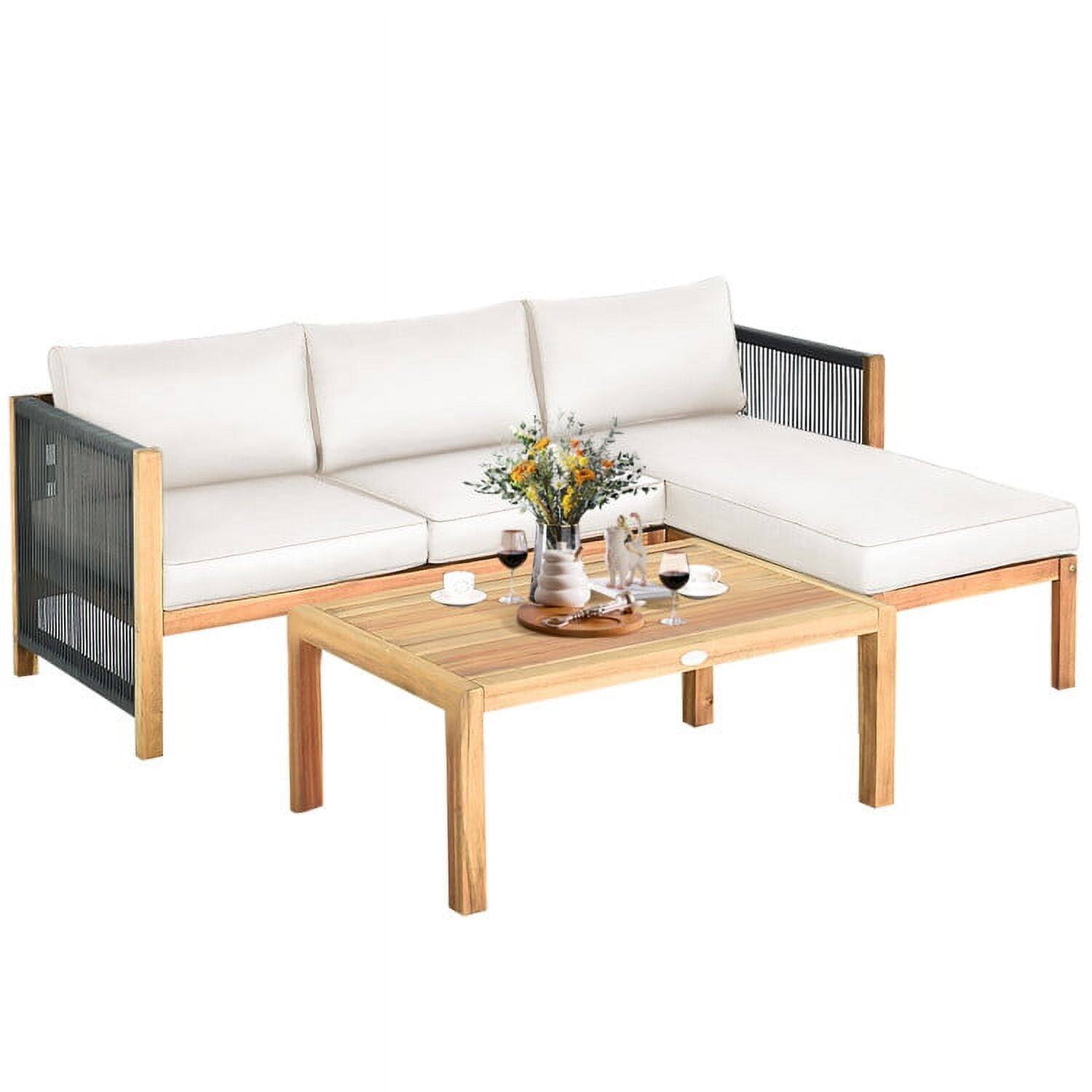 Front. Pefilos - 3 Pieces Patio Acacia Wood Sofa Furniture Set with Nylon Rope Armrest-White, Wicker Furniture Conversation Sets, Coffee - White.