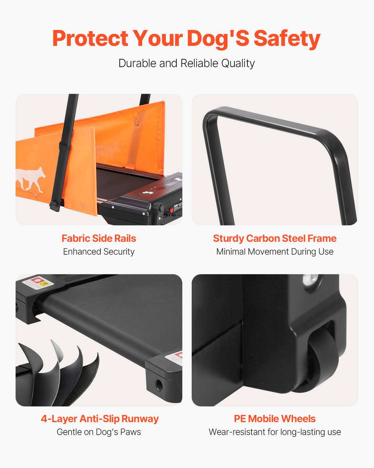 Protect Your Dog's Safety
Durable and Reliable Quality

Fabric Side Rails
Enhanced Security

Sturdy Carbon Steel Frame
Minimal Movement During Use

4-Layer Anti-Slip Runway
Gentle on Dog's Paws

PE Mobile Wheels
Wear-resistant for long-lasting use