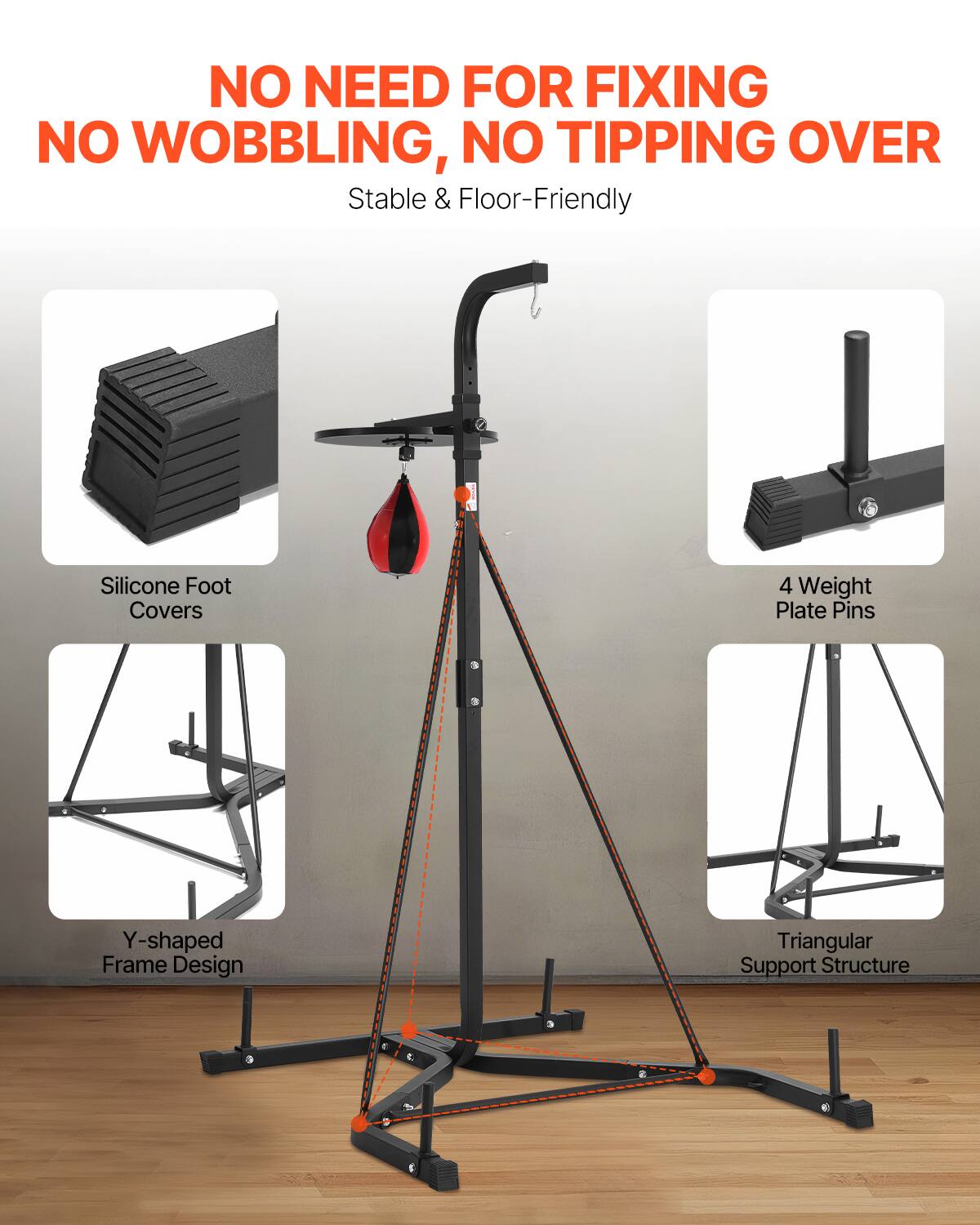 NO NEED FOR FIXING NO WOBBLING, NO TIPPING OVER

Stable & Floor-Friendly

Silicone Foot Covers
4 Weight Plate Pins
Y-shaped Frame Design
Triangular Support Structure