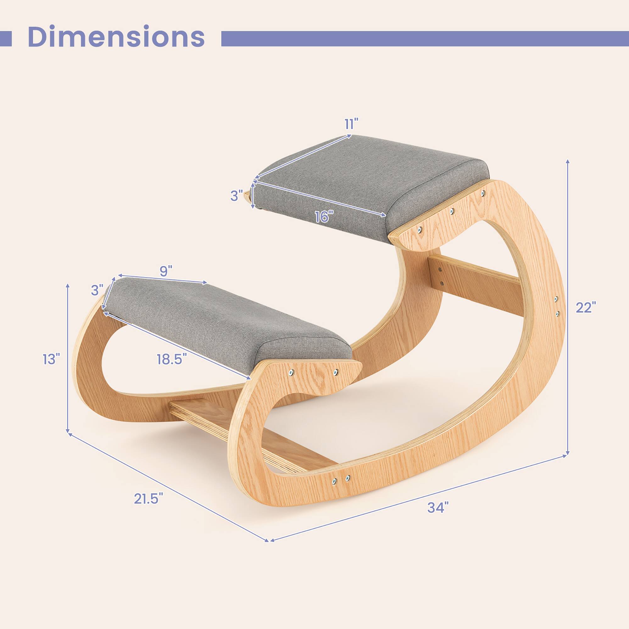 Dimensions: 11" x 3" x 16", 9" x 3" x 13", 18.5" x 21.5" x 22", 34"