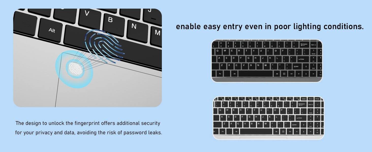 Alt V B N M enable easy entry even in poor lighting conditions. The design to unlock the fingerprint offers additional security for your privacy and data, avoiding the risk of password leaks.