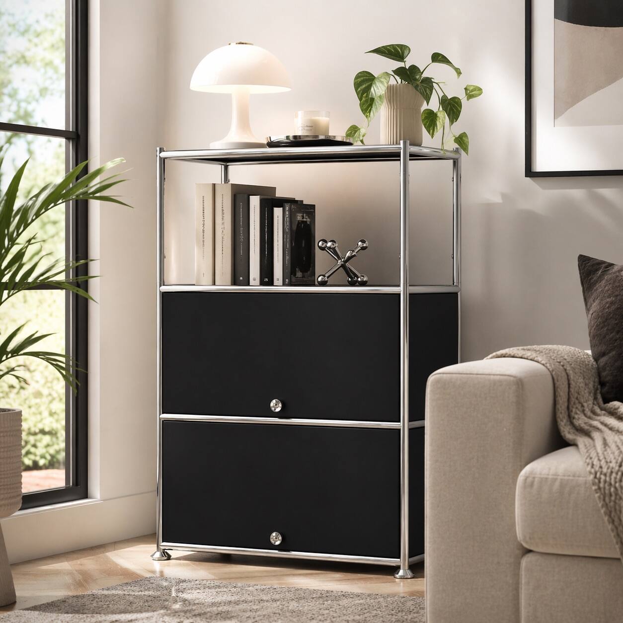 Back. Malletson - 3 Tier Modular Metal Sideboard Storage Cabinet, Modern Grid-Style, for Gaming Room, Living Room or Office - Black.