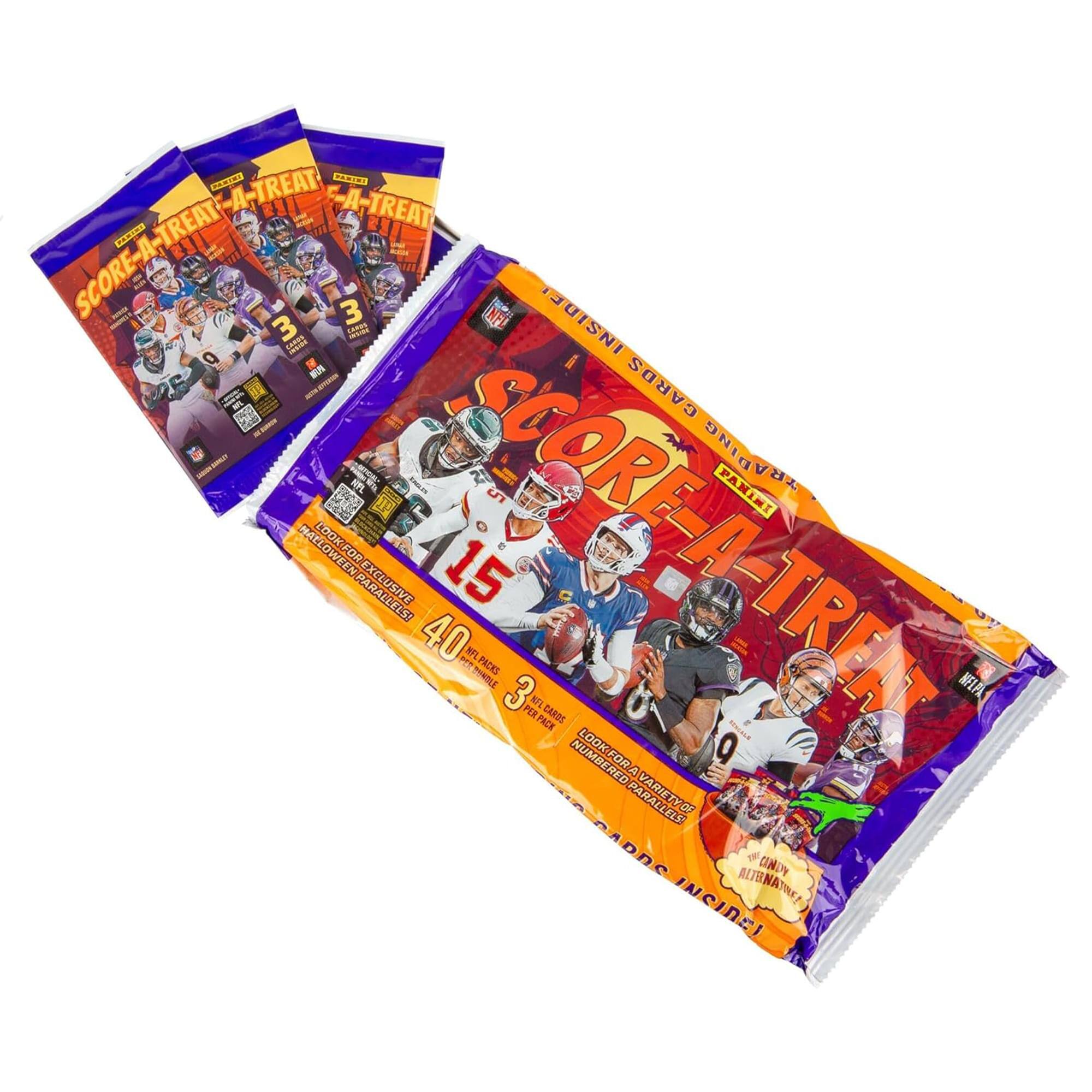 - TREAT
- SCORE-A-TREAT
- SCORE-A-TREAT
- 3 NFL INSIDE 3
- CARDS
- NPL TRADING PANINI
- LOOK FOR EXCLUSIVE 40 15 SCORE-A-TREAT
- PIT N TNOLE PAORS
- 3 PER NFL PACK CARDS
- LOOK FOR VARIETY OF ADDS & CANDY ALTERNATIVES INSIDE