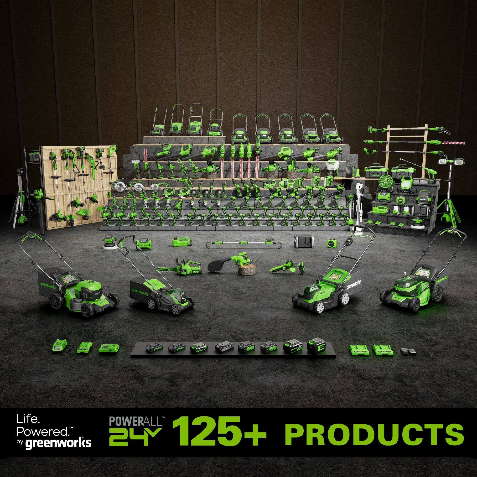 "Life. POWERALL- 125+ PRODUCTS by greenworks."