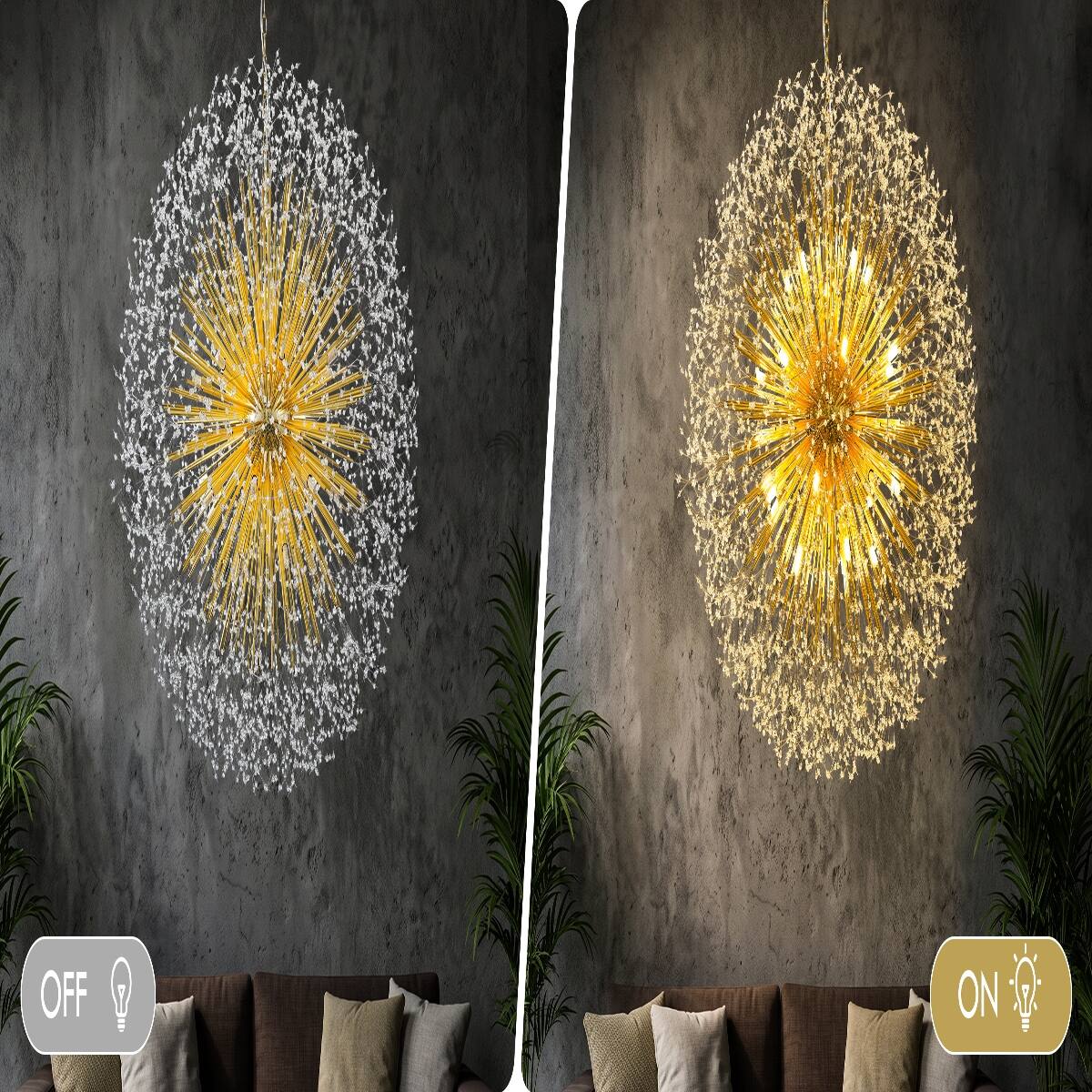 Alt View 9. Loheer - Loheer Extra Large Gold Crystal Chandelier, Modern Dandelion Firework Sputnik Light for High Ceilings.